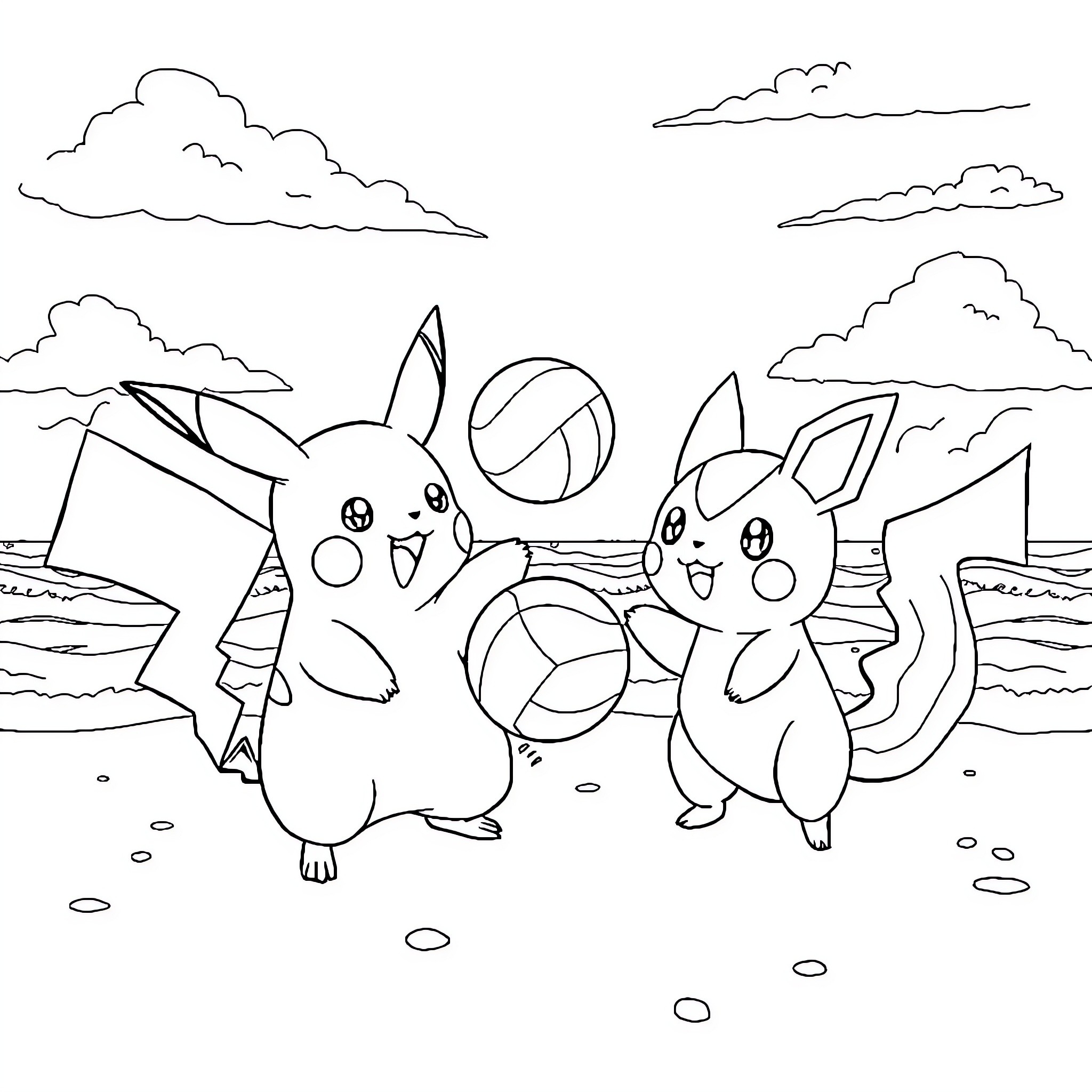 Pikachu playing with friends on the beach Coloring Page (free black-and-white line drawing printable PDF for all, from beginners to advanced learners, including children, teens, adults, and seniors)