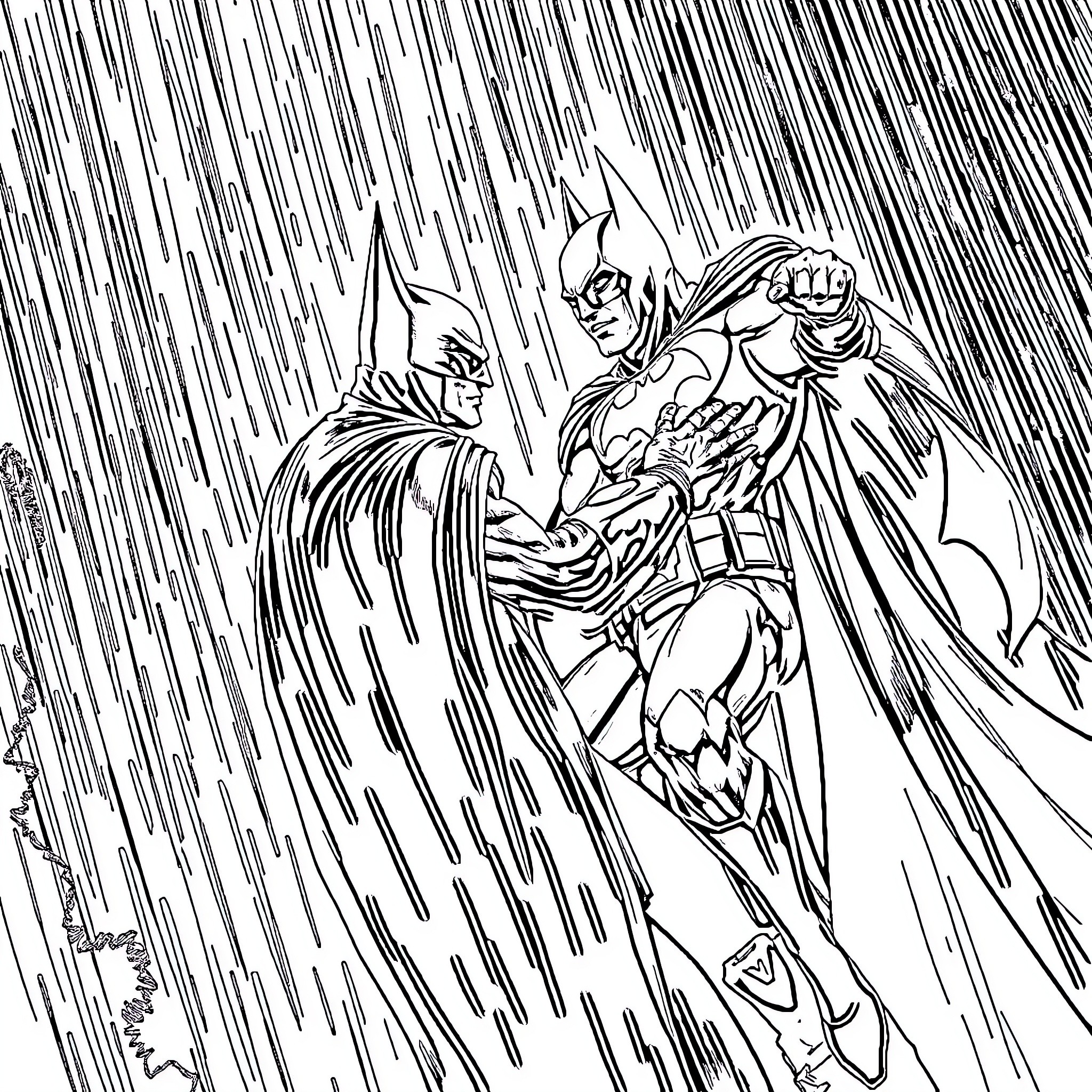 Batman confronting a villain in the rain Coloring Page (free black-and-white line drawing printable PDF for all, from beginners to advanced learners, including children, teens, adults, and seniors)