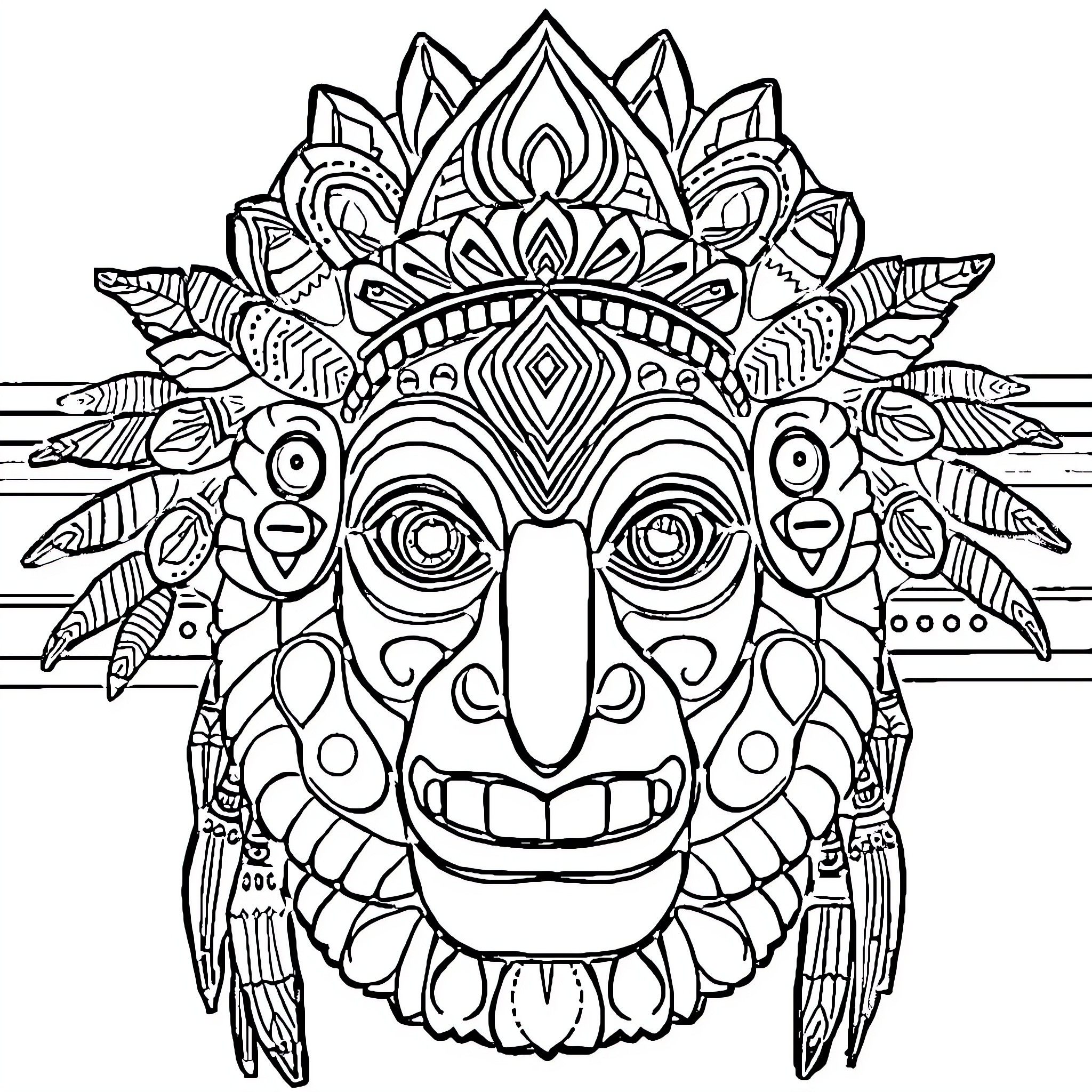 Tribal Art of Ornate Ceremonial Mask Coloring Page (free black-and-white line drawing printable PDF for all, from beginners to advanced learners, including children, teens, adults, and seniors)