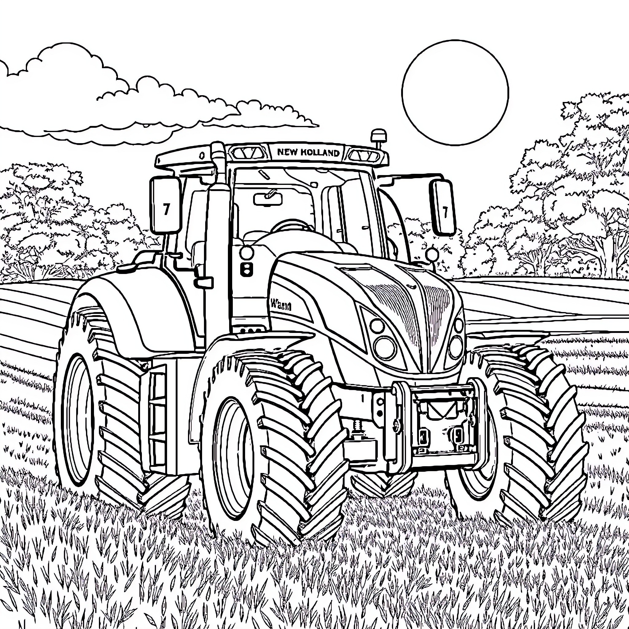 Tractor working in the rural landscape Coloring Page (free black-and-white line drawing printable PDF for all, from beginners to advanced learners, including children, teens, adults, and seniors)