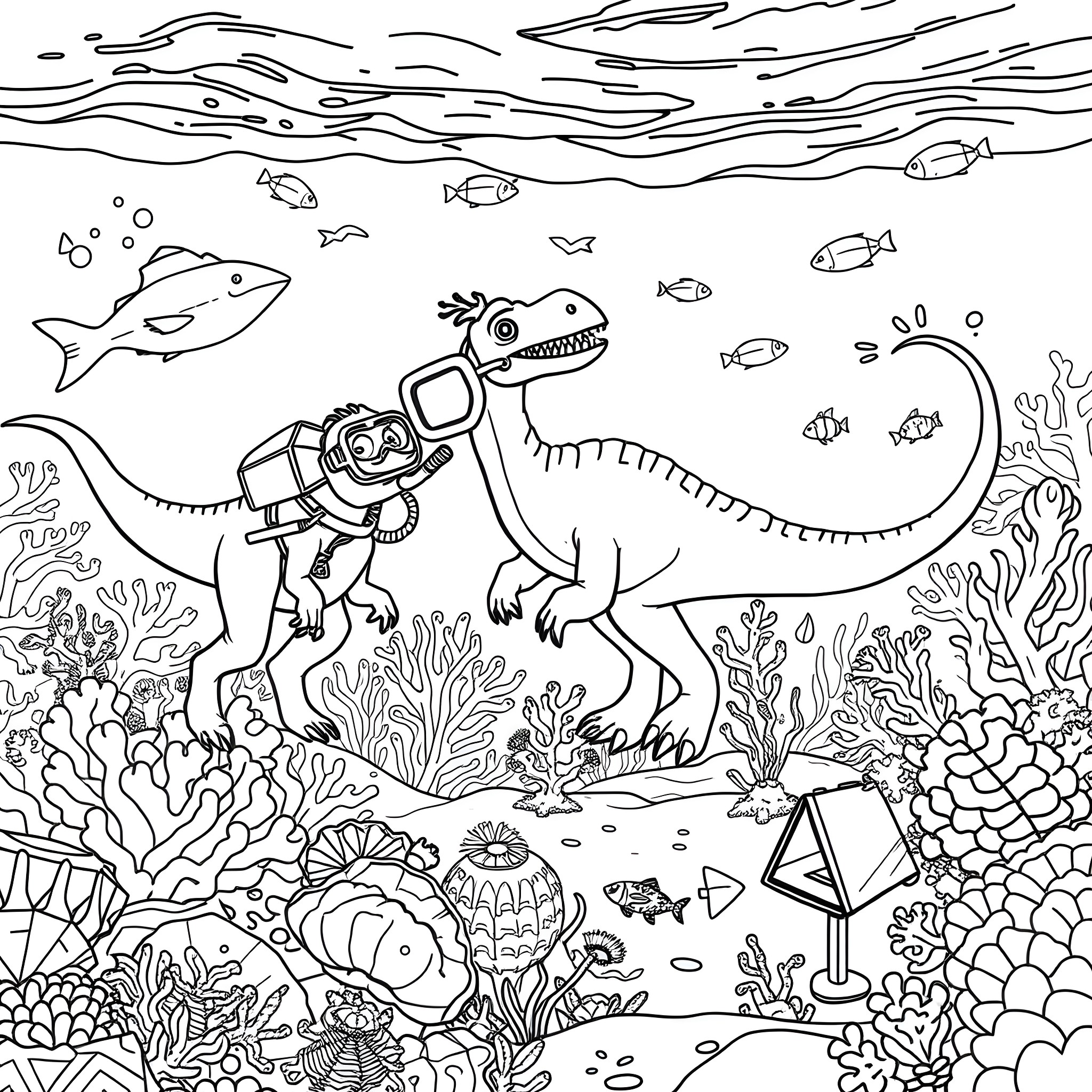 Dinosaur exploring the vibrant underwater world Coloring Page (free black-and-white line drawing printable PDF for all, from beginners to advanced learners, including children, teens, adults, and seniors)