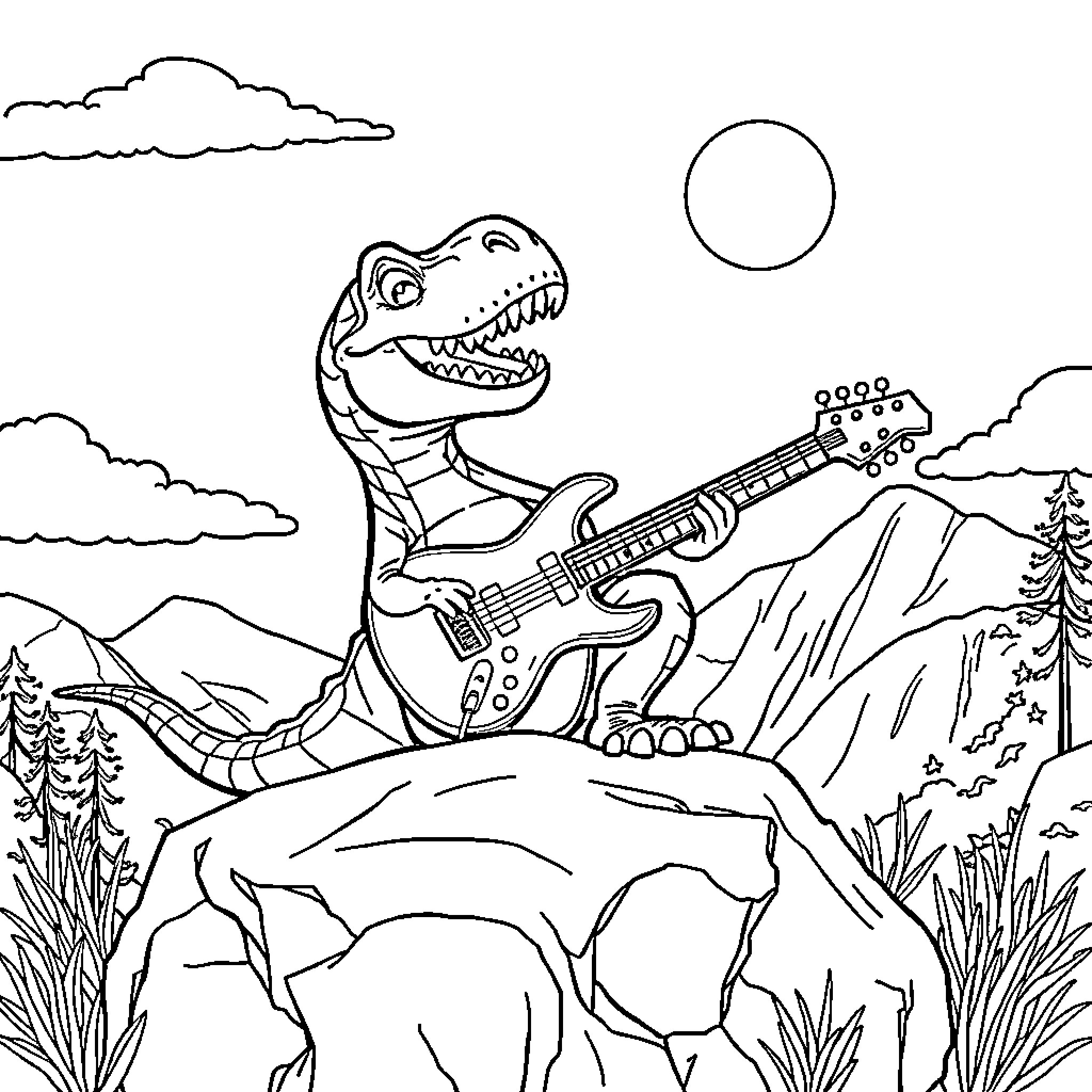 Dinosaur playing an electric guitar in a mountain landscape Coloring Page (free black-and-white line drawing printable PDF for all, from beginners to advanced learners, including children, teens, adults, and seniors)