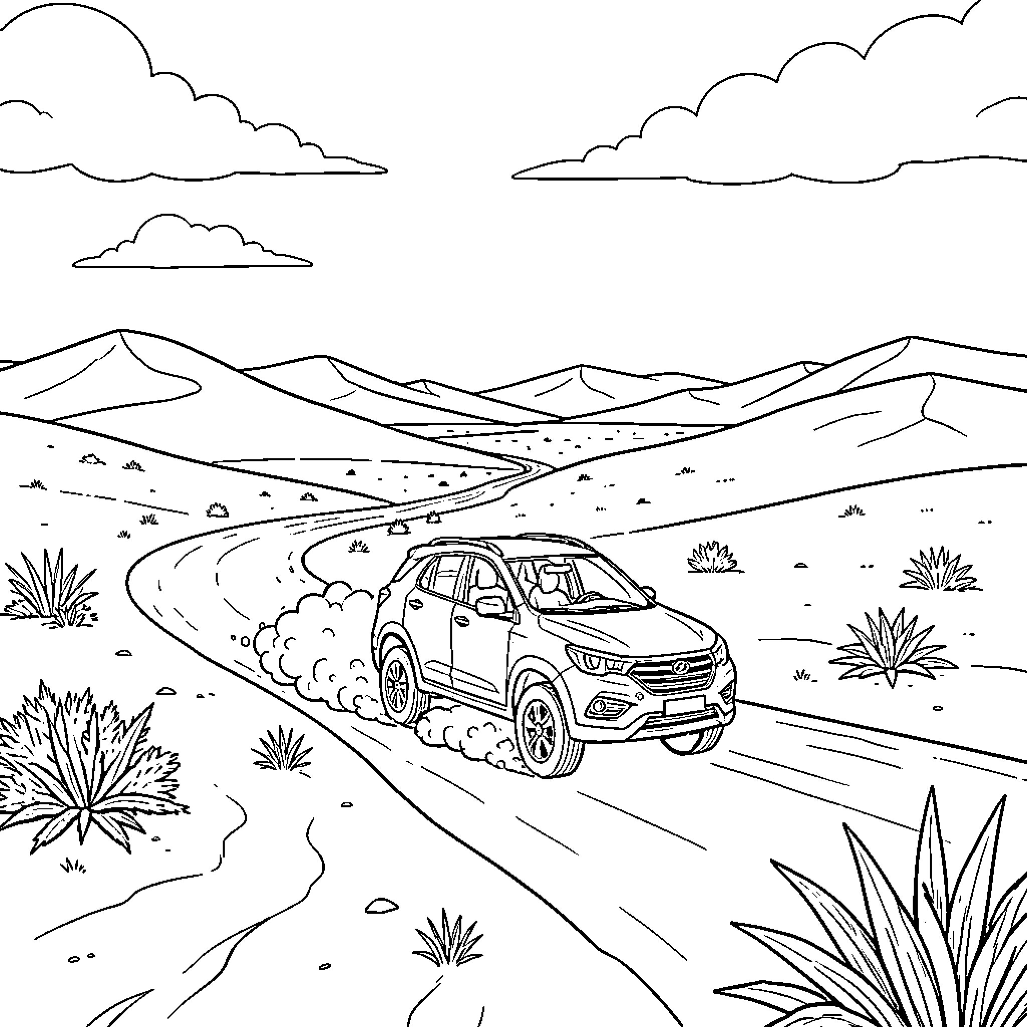 Car driving quickly along a winding desert road Coloring Page (free black-and-white line drawing printable PDF for all, from beginners to advanced learners, including children, teens, adults, and seniors)