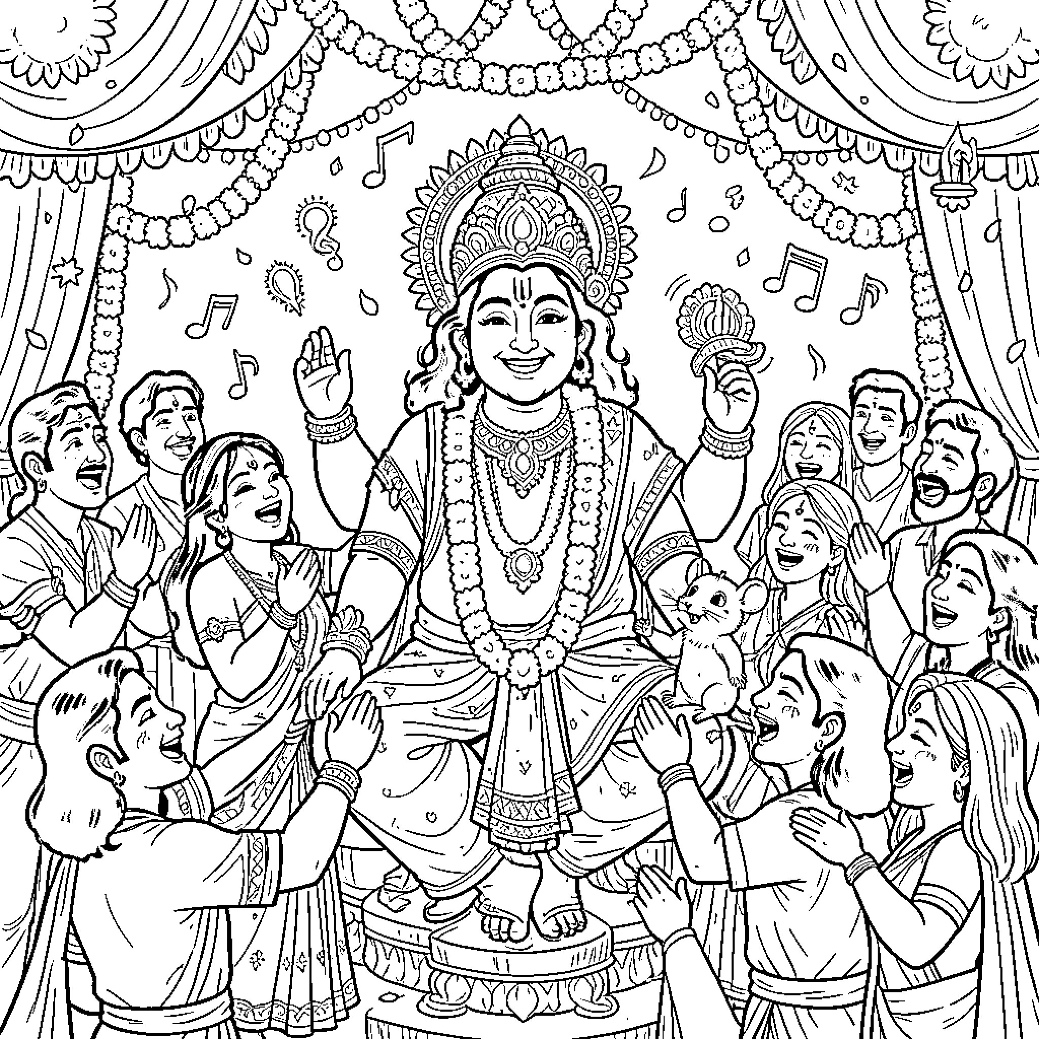 Ganpati celebrating joyfully surrounded by a crowd of devotees Coloring Page (free black-and-white line drawing printable PDF for all, from beginners to advanced learners, including children, teens, adults, and seniors)