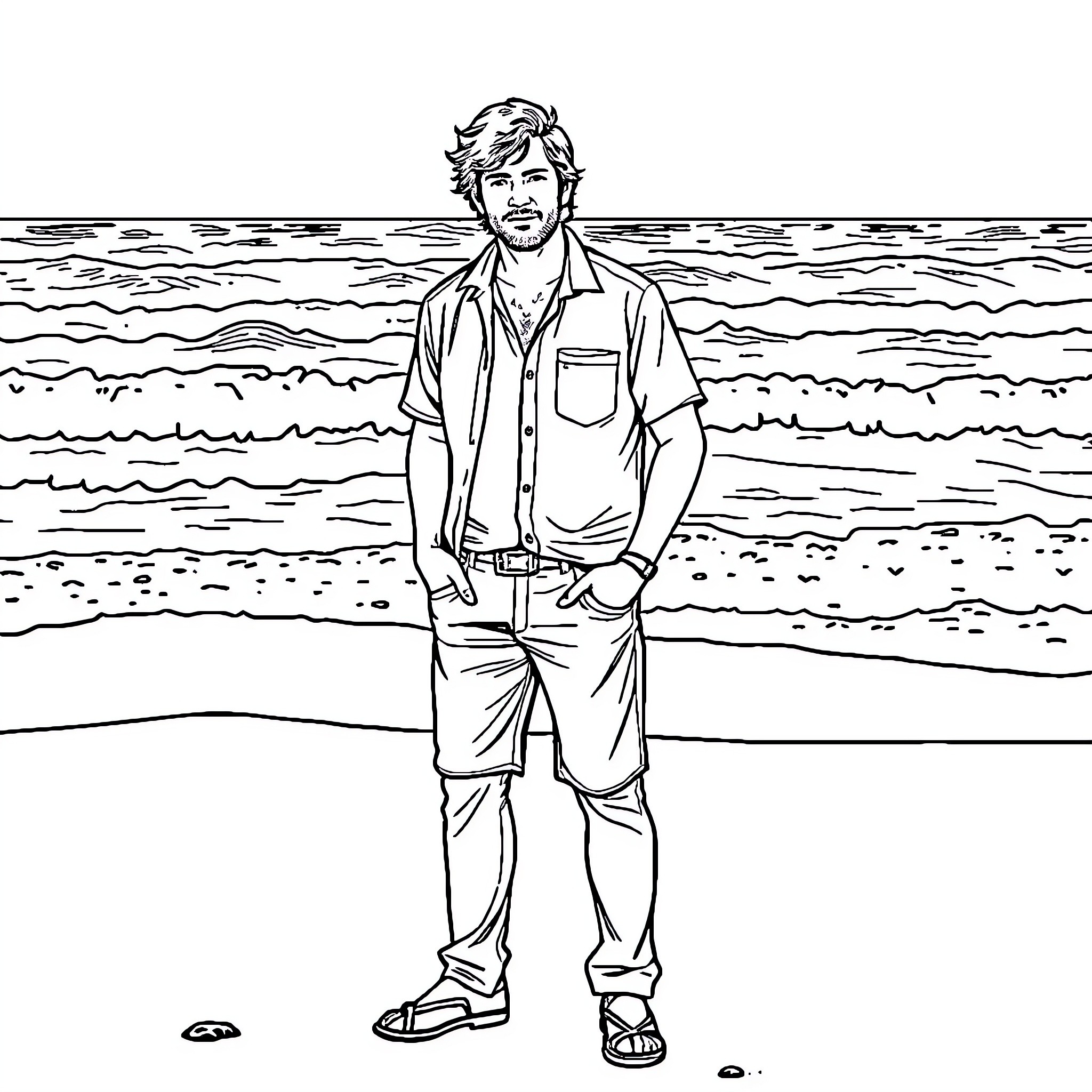 Javier Milei standing by the sea Coloring Page (free black-and-white line drawing printable PDF for all, from beginners to advanced learners, including children, teens, adults, and seniors)