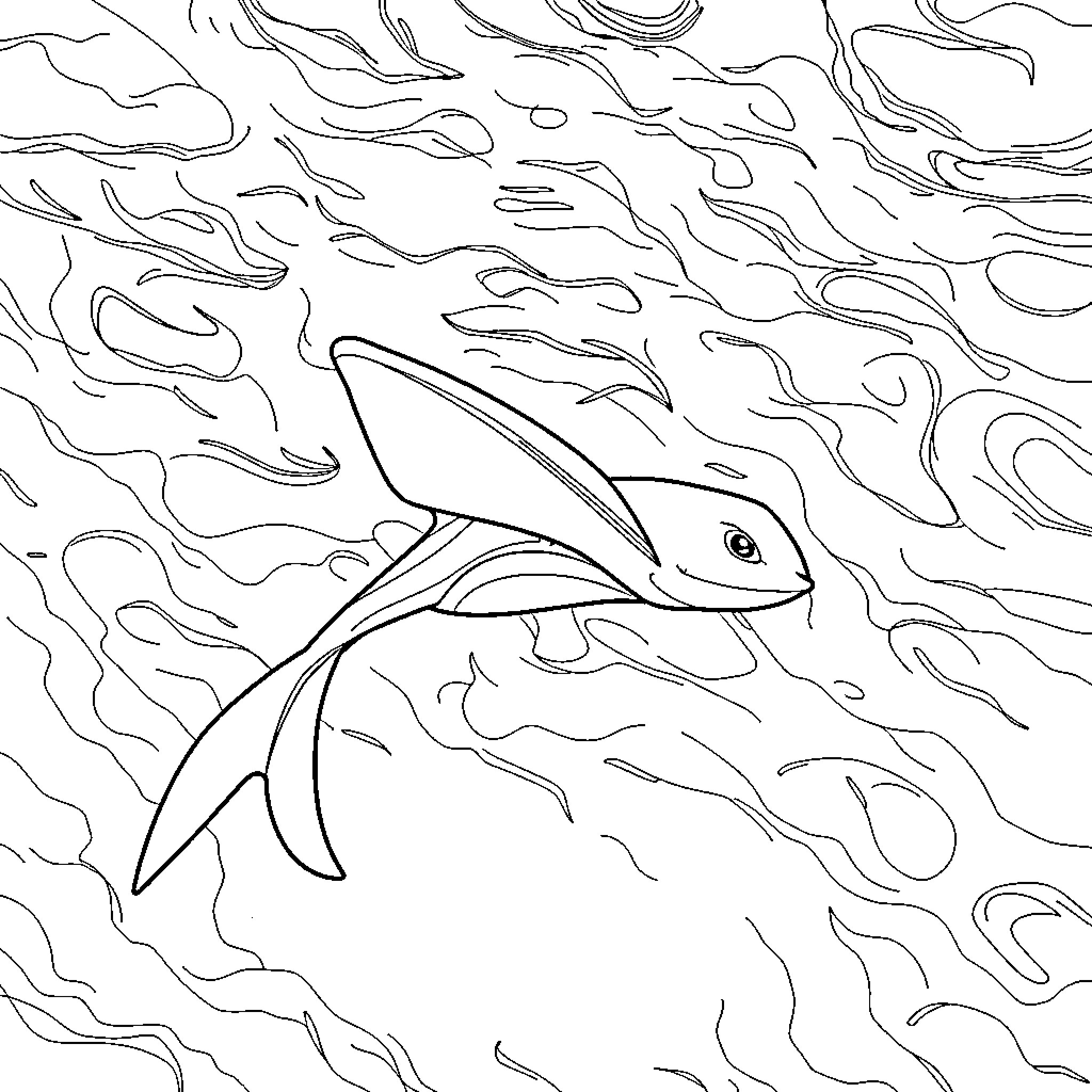 Manta Ray swimming gracefully through wavy ocean currents Coloring Page (free black-and-white line drawing printable PDF for all, from beginners to advanced learners, including children, teens, adults, and seniors)