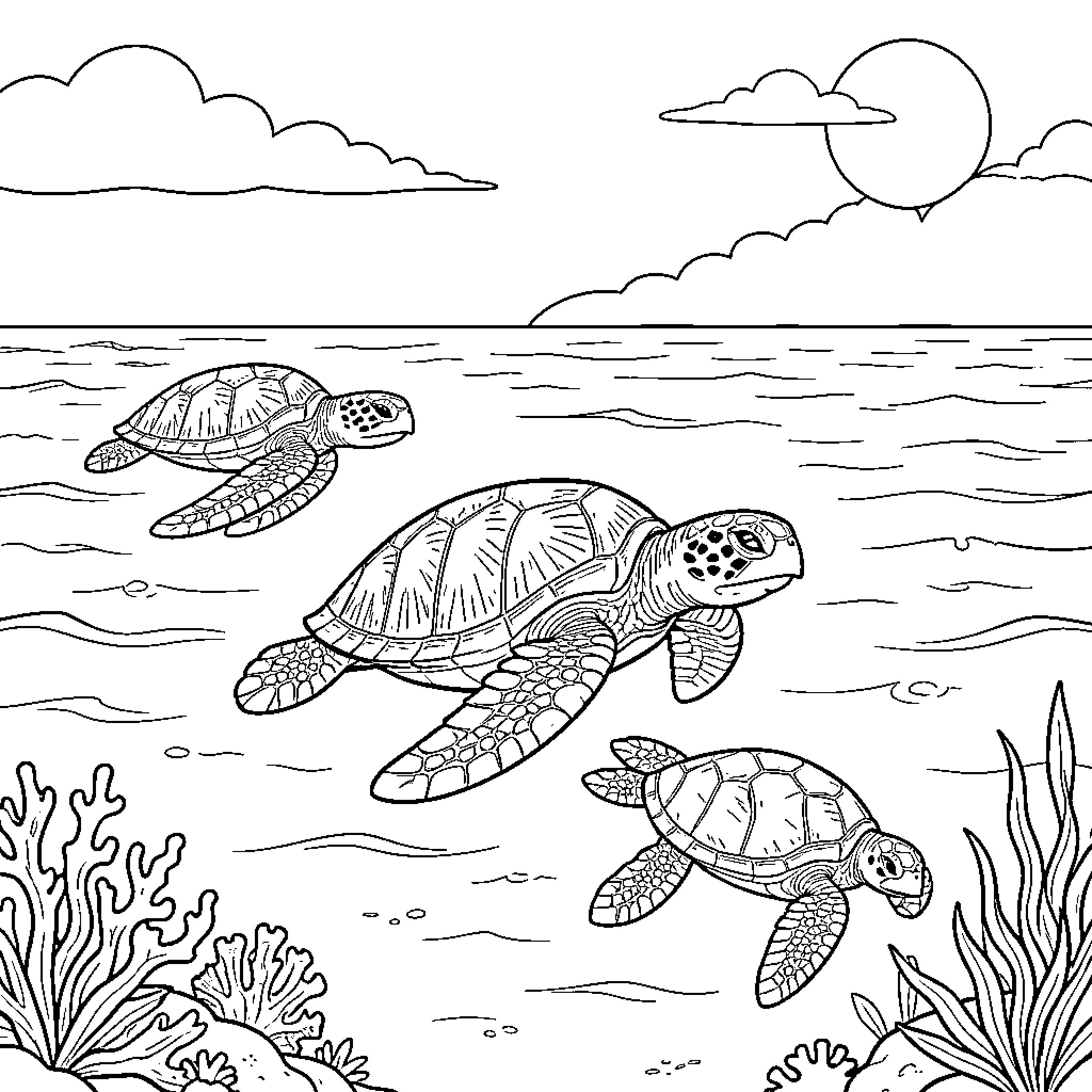 Sea Turtle family swimming through the ocean waves Coloring Page (free black-and-white line drawing printable PDF for all, from beginners to advanced learners, including children, teens, adults, and seniors)