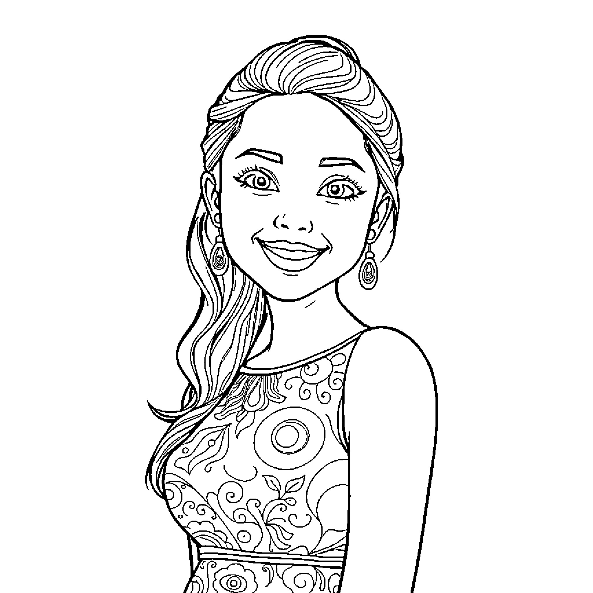 Paola Morales smiling with patterned dress Coloring Page (free black-and-white line drawing printable PDF for all, from beginners to advanced learners, including children, teens, adults, and seniors)