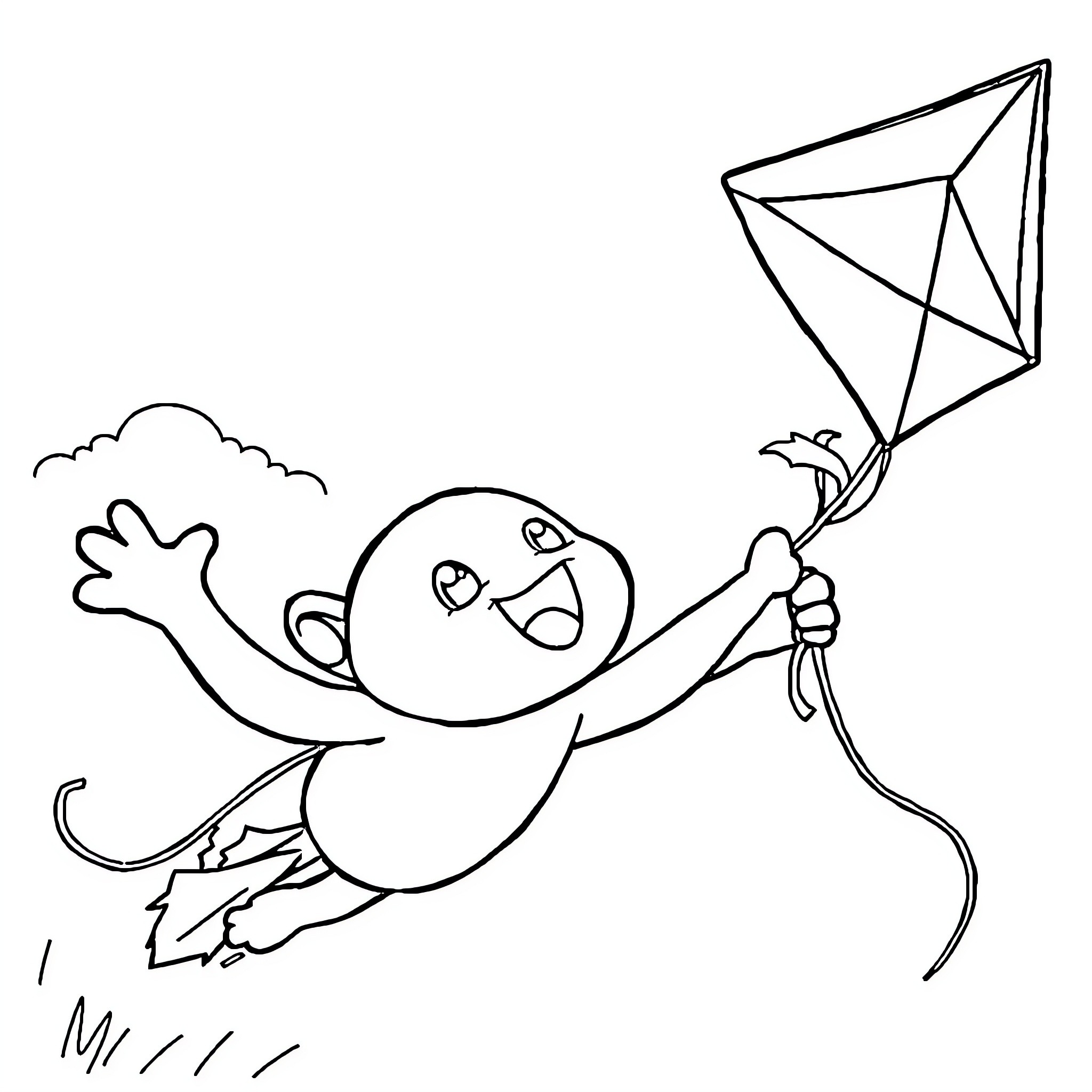 Labubu flying a kite in the clouds Coloring Page (free black-and-white line drawing printable PDF for all, from beginners to advanced learners, including children, teens, adults, and seniors)