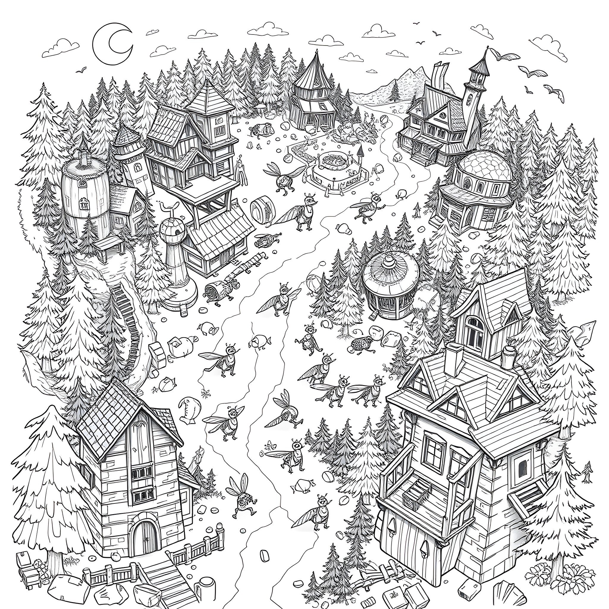 Map of a whimsical fantasy village in the woods Coloring Page (free black-and-white line drawing printable PDF for all, from beginners to advanced learners, including children, teens, adults, and seniors)