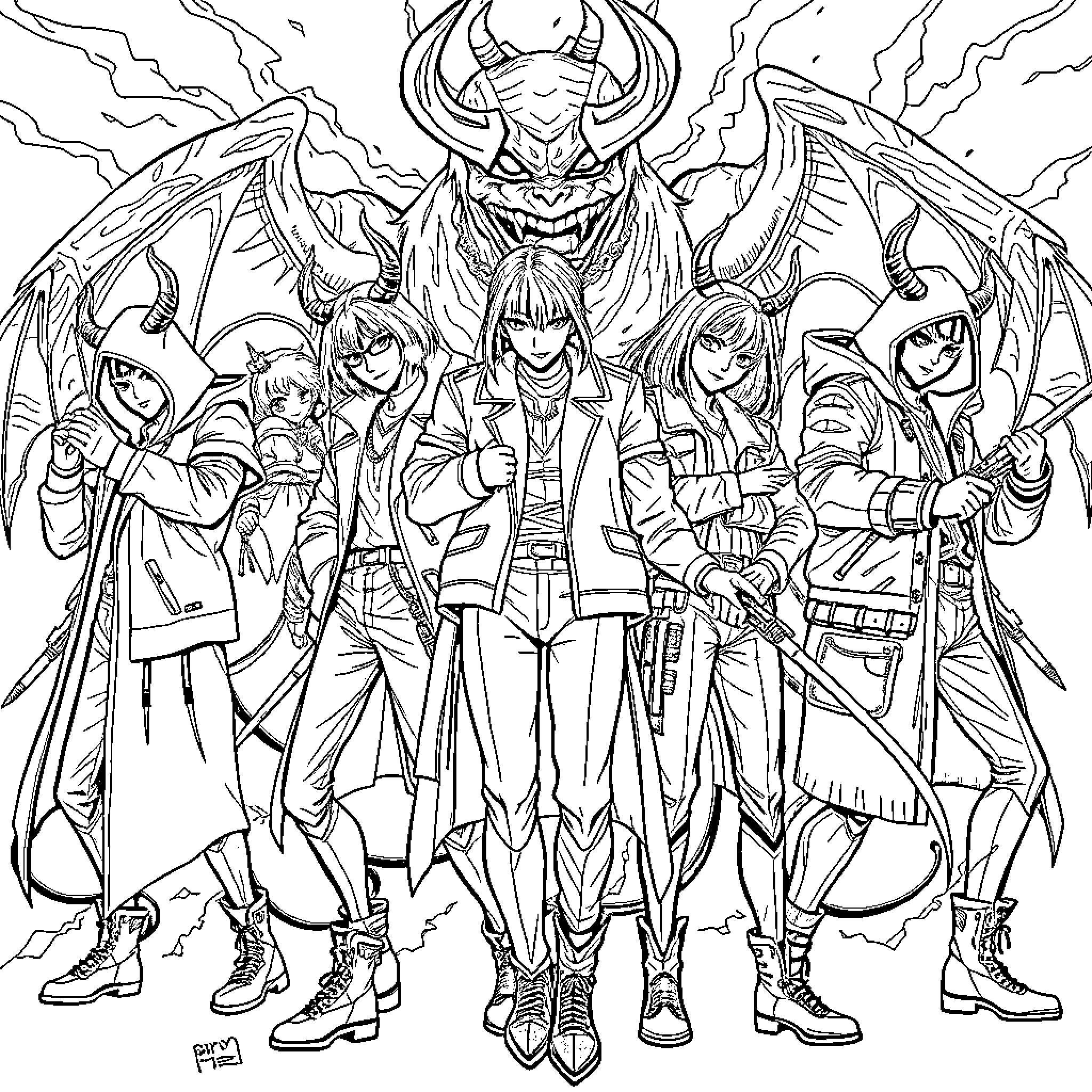 Demon Hunter Faces Formidable Foes in Intense Battle Coloring Page (free black-and-white line drawing printable PDF for all, from beginners to advanced learners, including children, teens, adults, and seniors)