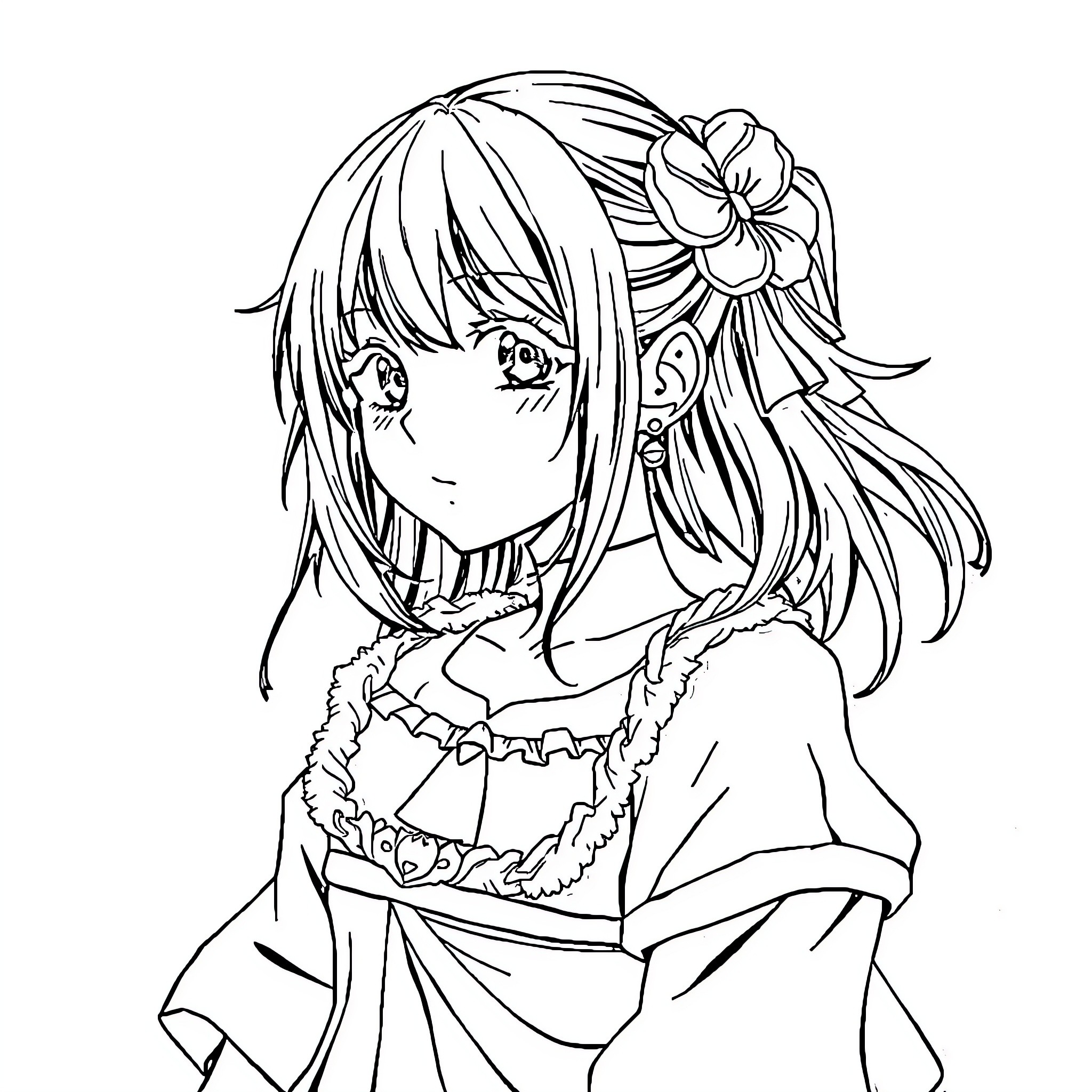 Hinata's Tranquil Moments: A Serene Anime Portrait Coloring Page (free black-and-white line drawing printable PDF for all, from beginners to advanced learners, including children, teens, adults, and seniors)