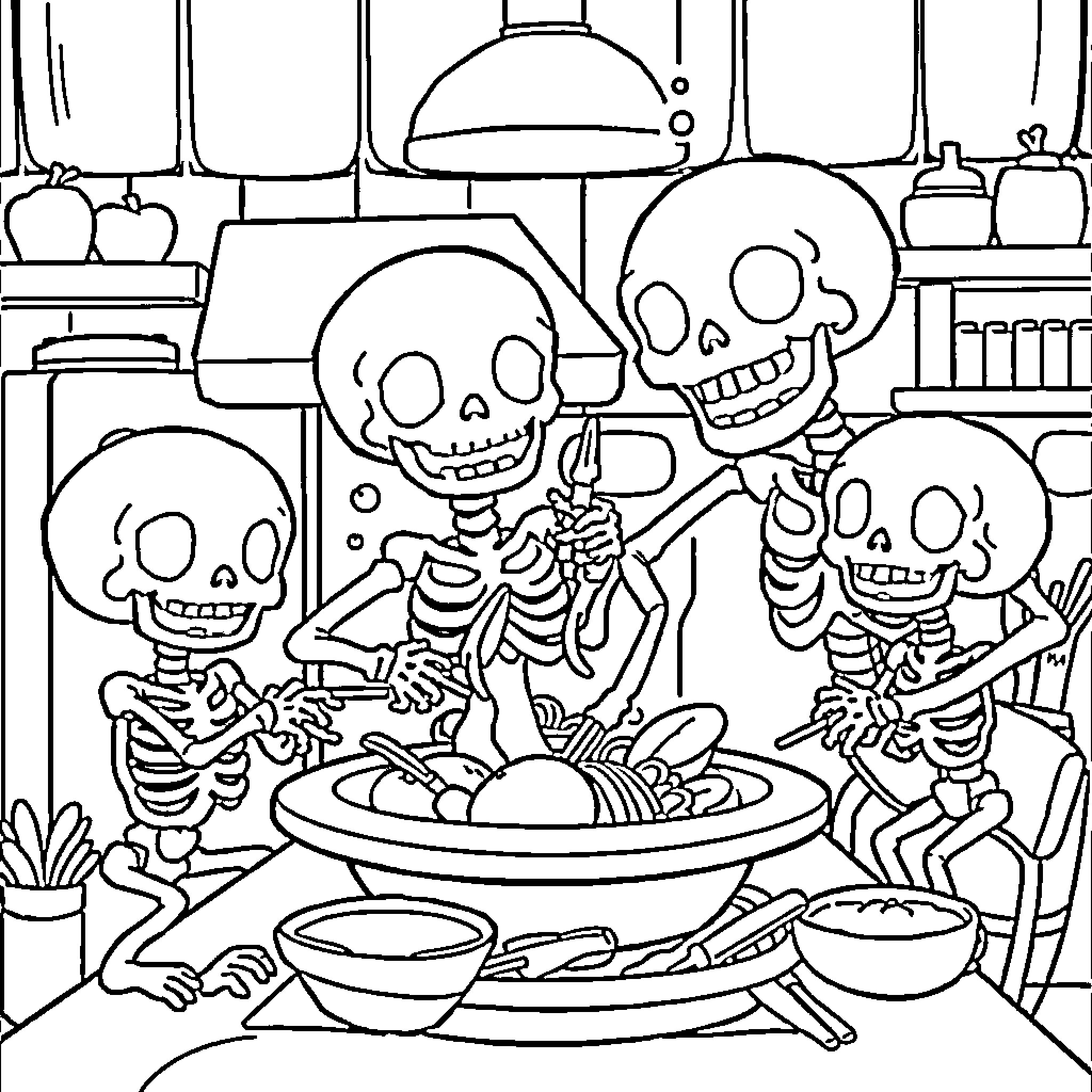 Skeleton Chefs Preparing a Spooky Feast Coloring Page (free black-and-white line drawing printable PDF for all, from beginners to advanced learners, including children, teens, adults, and seniors)