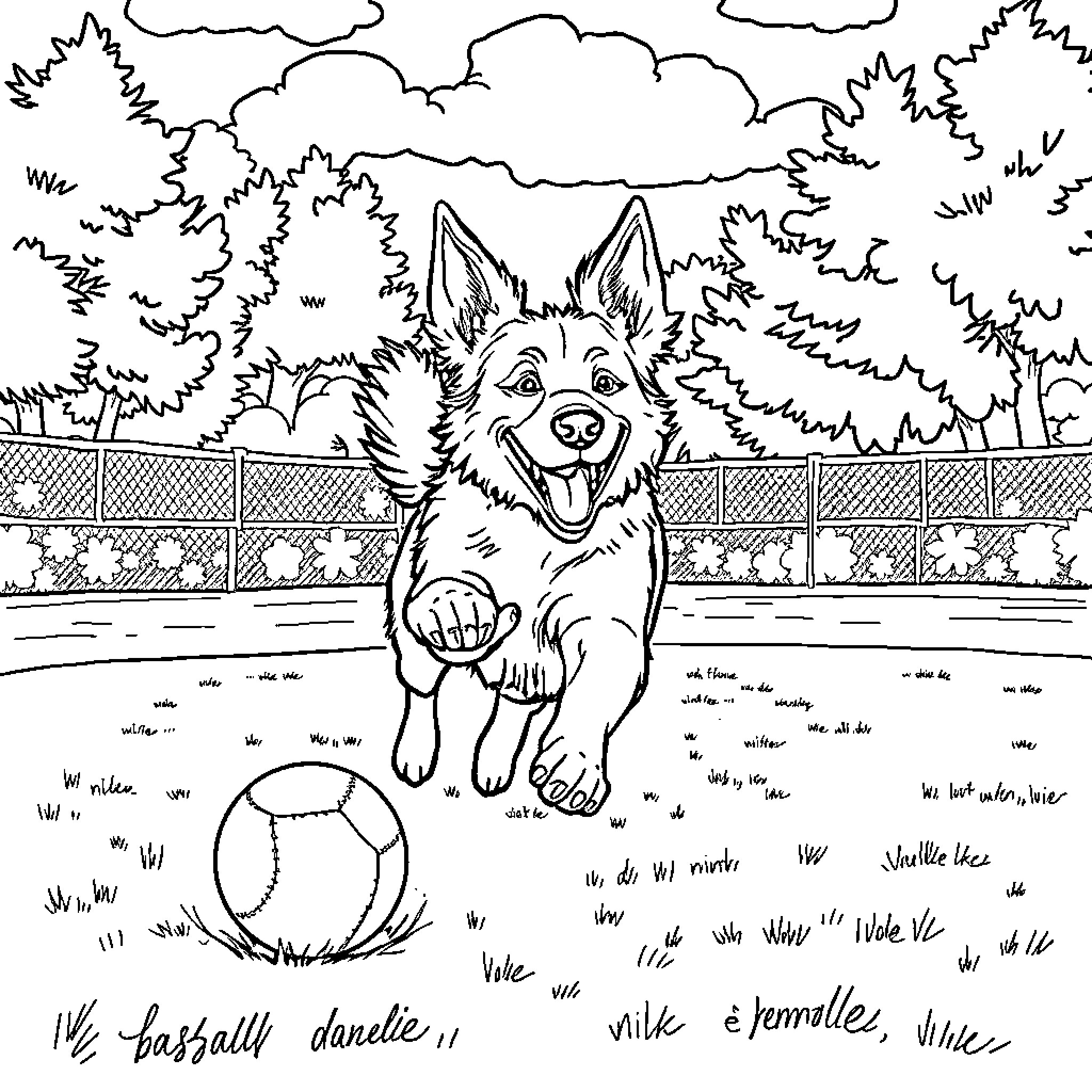 Dog playing with ball in the park Coloring Page (free black-and-white line drawing printable PDF for all, from beginners to advanced learners, including children, teens, adults, and seniors)