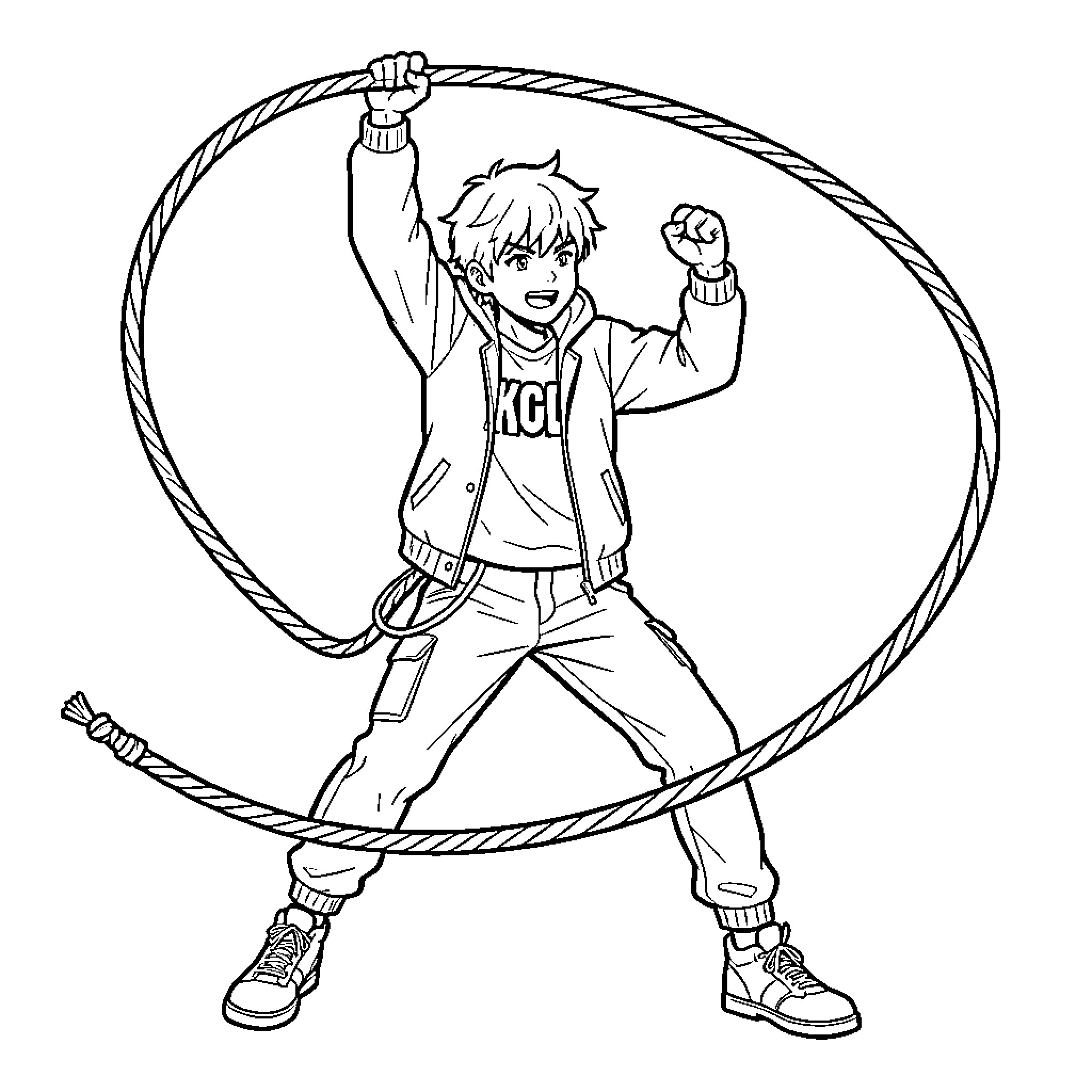 Kpop Hunter energetic boy jumping with a large rope Coloring Page (free black-and-white line drawing printable PDF for all, from beginners to advanced learners, including children, teens, adults, and seniors)