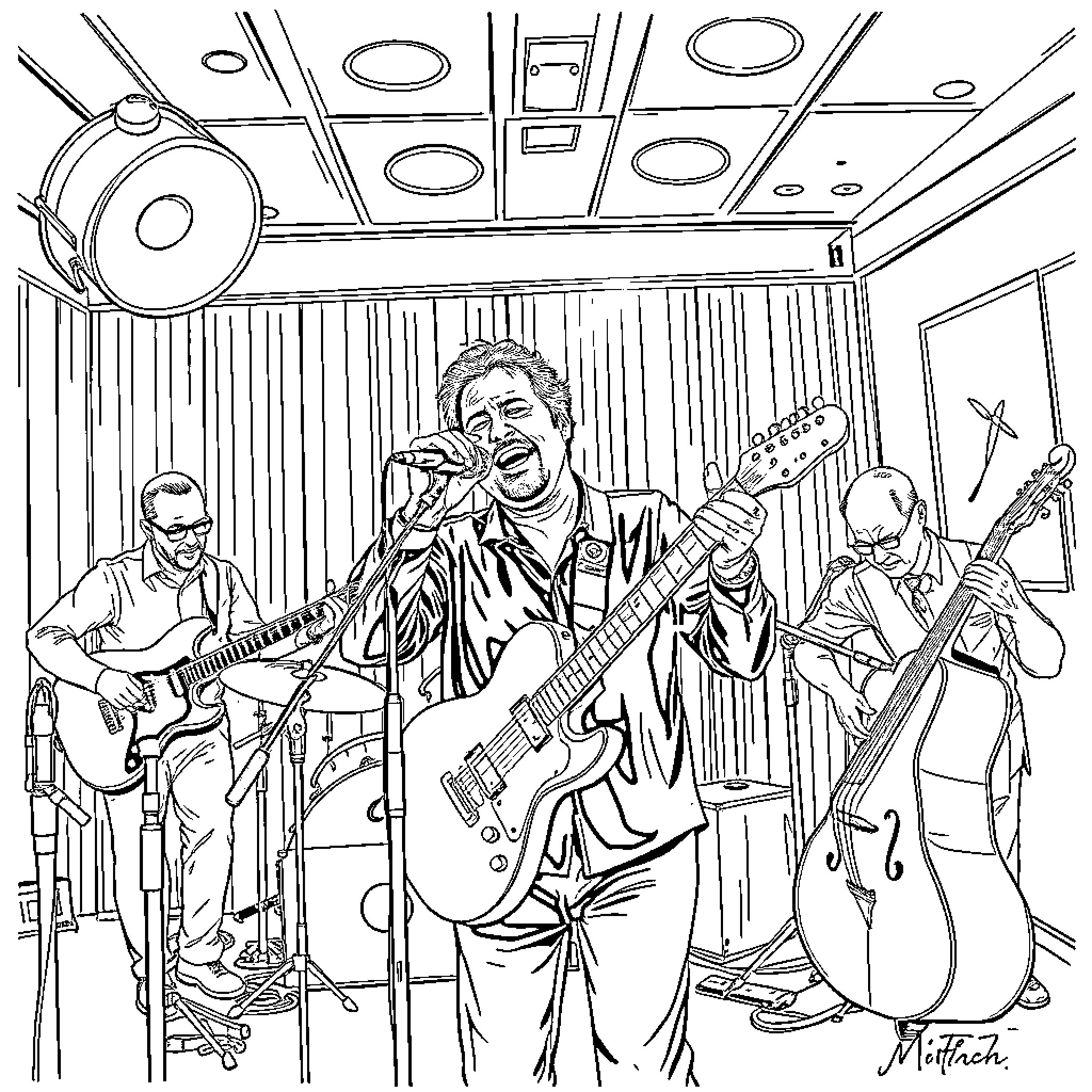Billy Joel Performing with Band on Stage Coloring Page (free black-and-white line drawing printable PDF for all, from beginners to advanced learners, including children, teens, adults, and seniors)