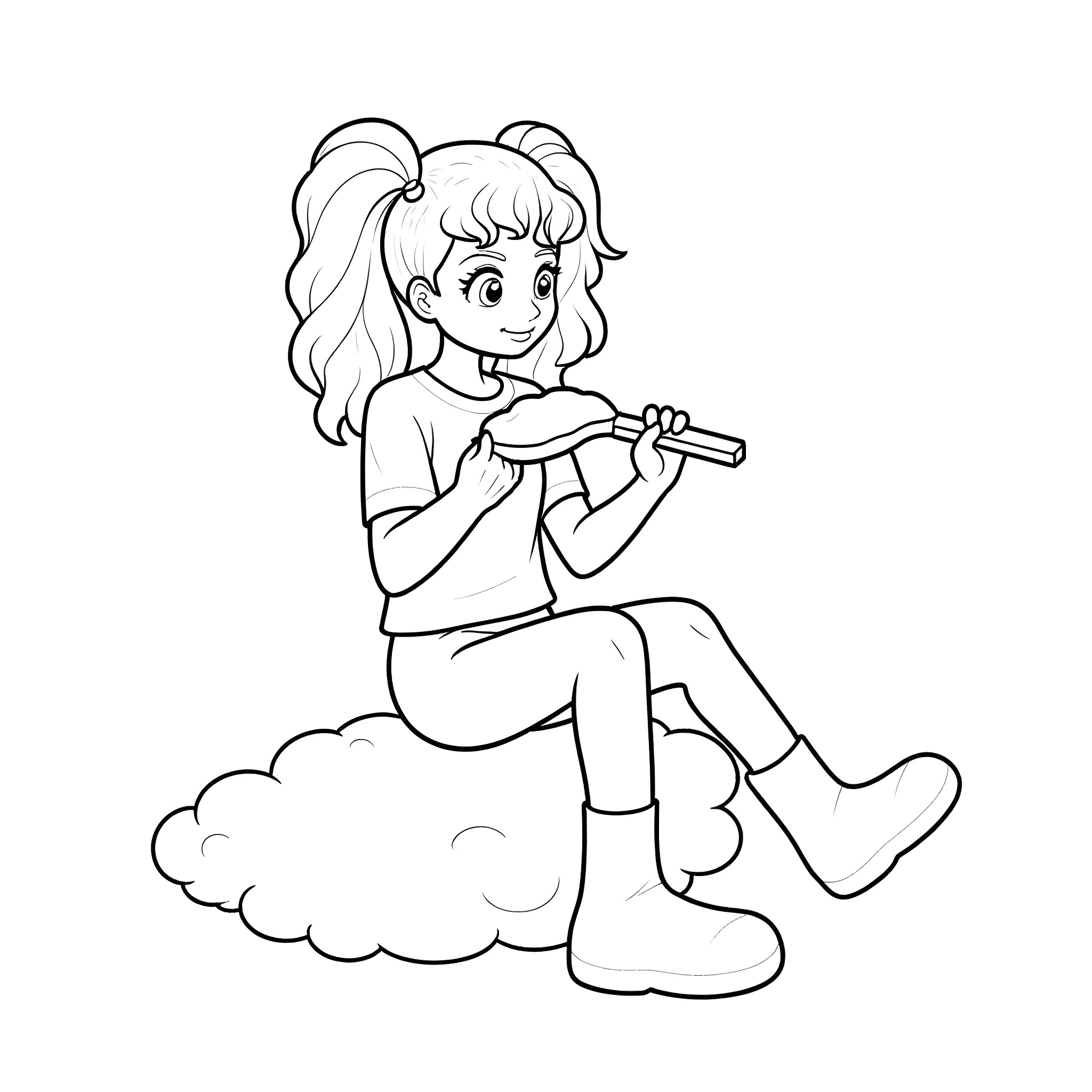 Mega Mindy playing with her flute on a cloud Coloring Page (free black-and-white line drawing printable PDF for all, from beginners to advanced learners, including children, teens, adults, and seniors)
