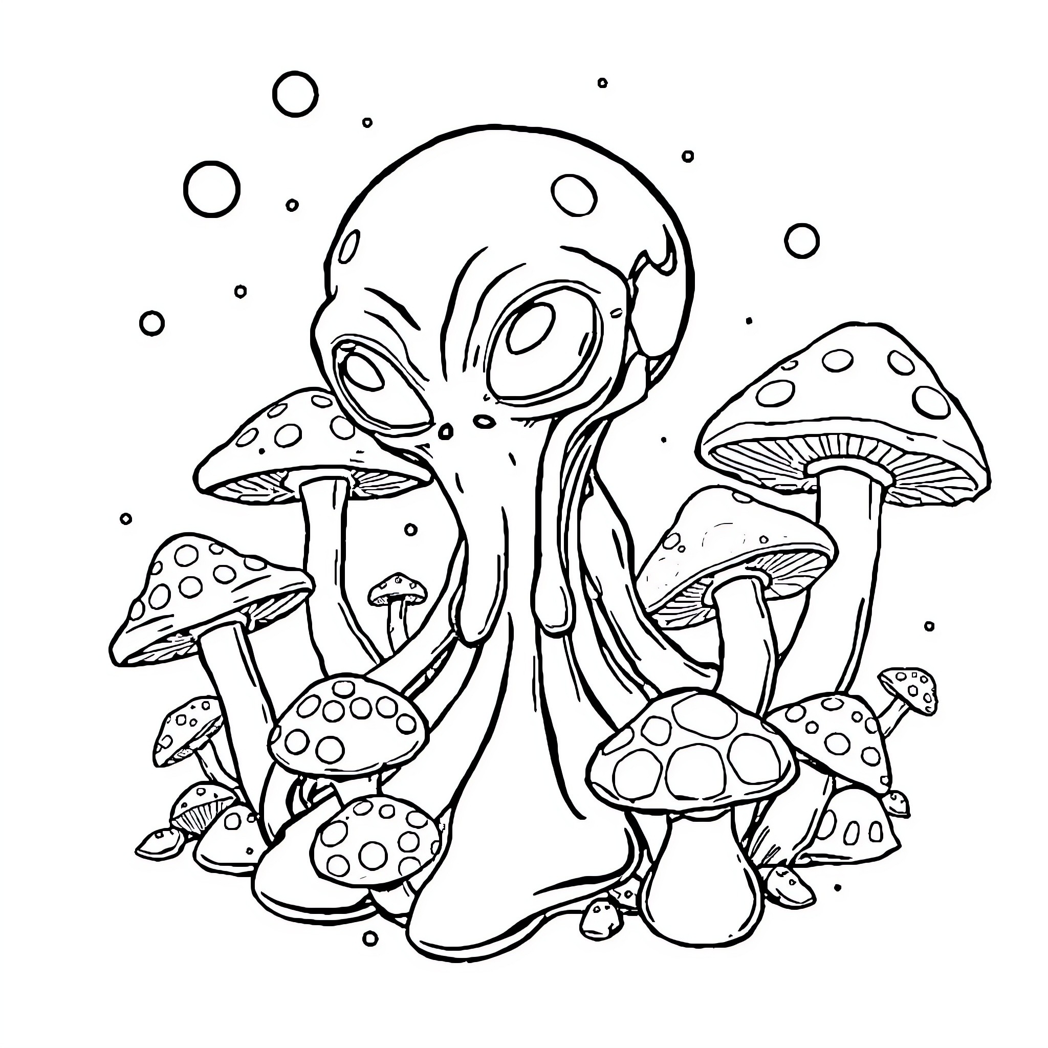 Alien creature in a mushroom forest Coloring Page (free black-and-white line drawing printable PDF for all, from beginners to advanced learners, including children, teens, adults, and seniors)