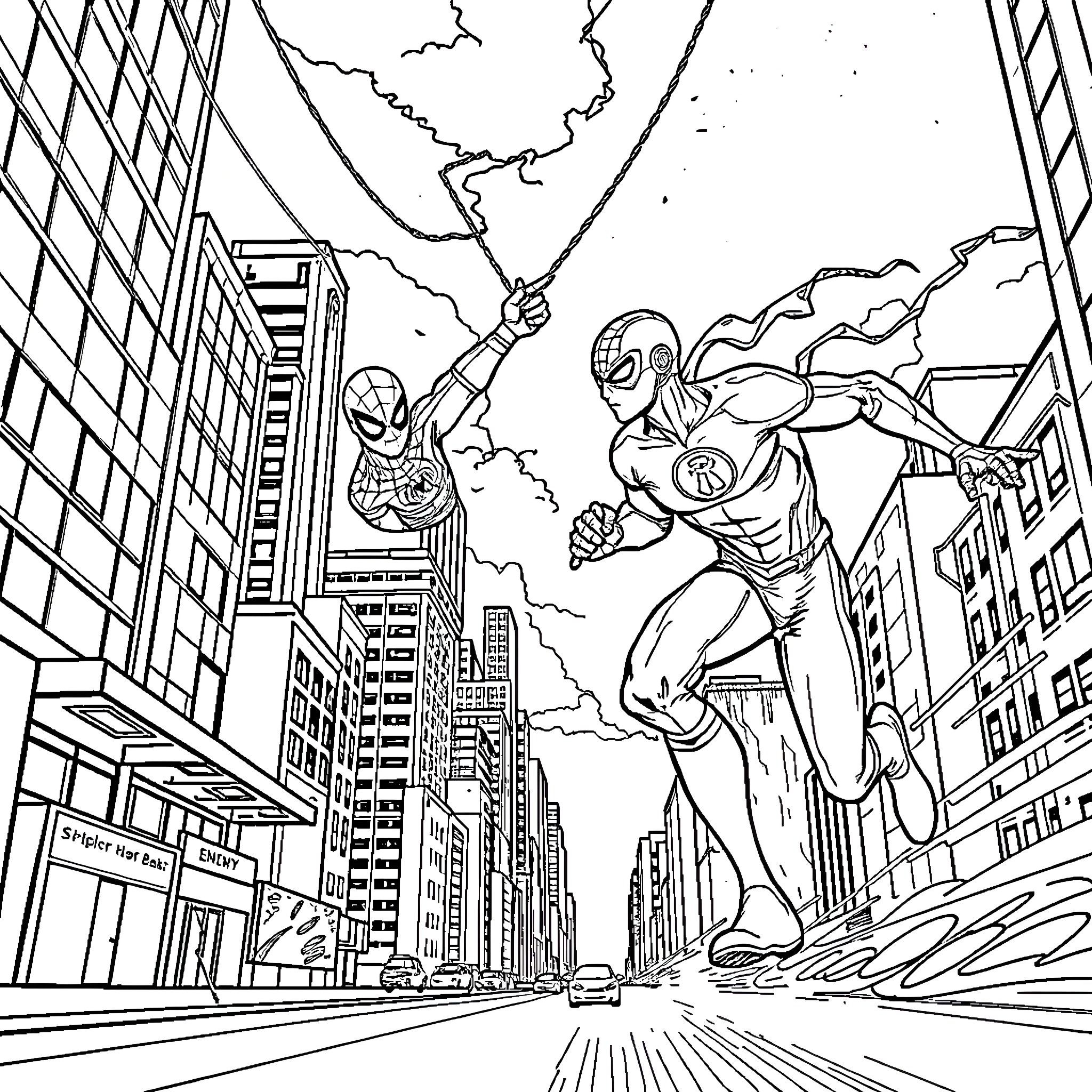 Spider Flash Superheroes Battling in the City Coloring Page (free black-and-white line drawing printable PDF for all, from beginners to advanced learners, including children, teens, adults, and seniors)