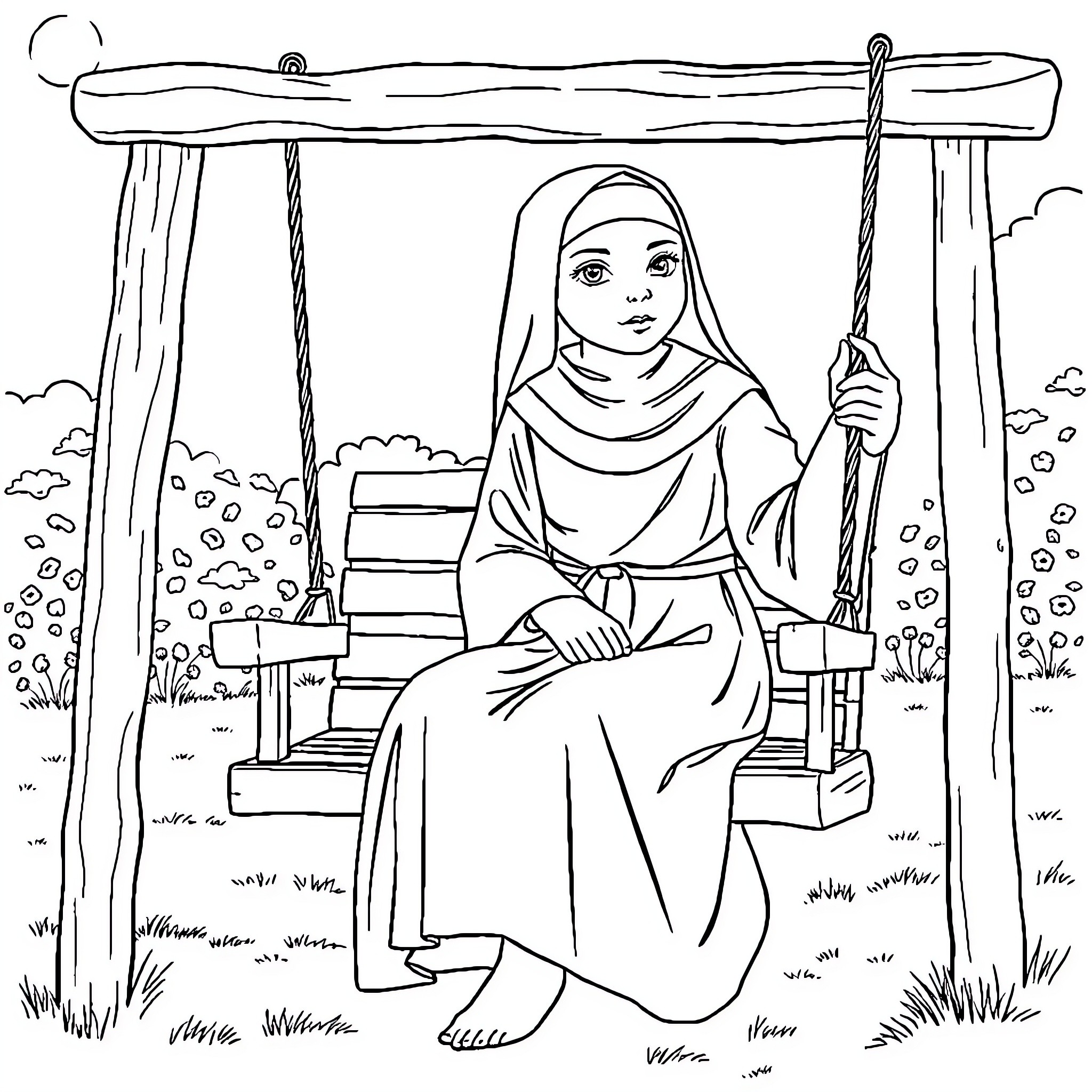 Nun on a tranquil swing in nature Coloring Page (free black-and-white line drawing printable PDF for all, from beginners to advanced learners, including children, teens, adults, and seniors)