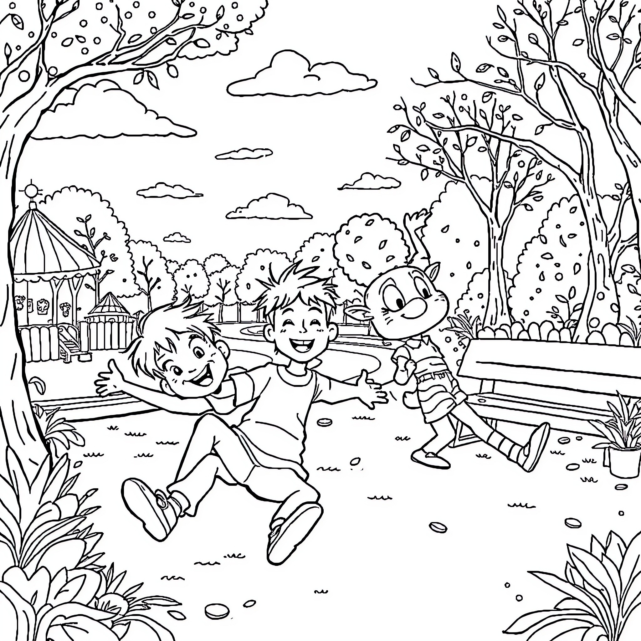 Character Children Playing in Scenic Park Coloring Page (free black-and-white line drawing printable PDF for all, from beginners to advanced learners, including children, teens, adults, and seniors)