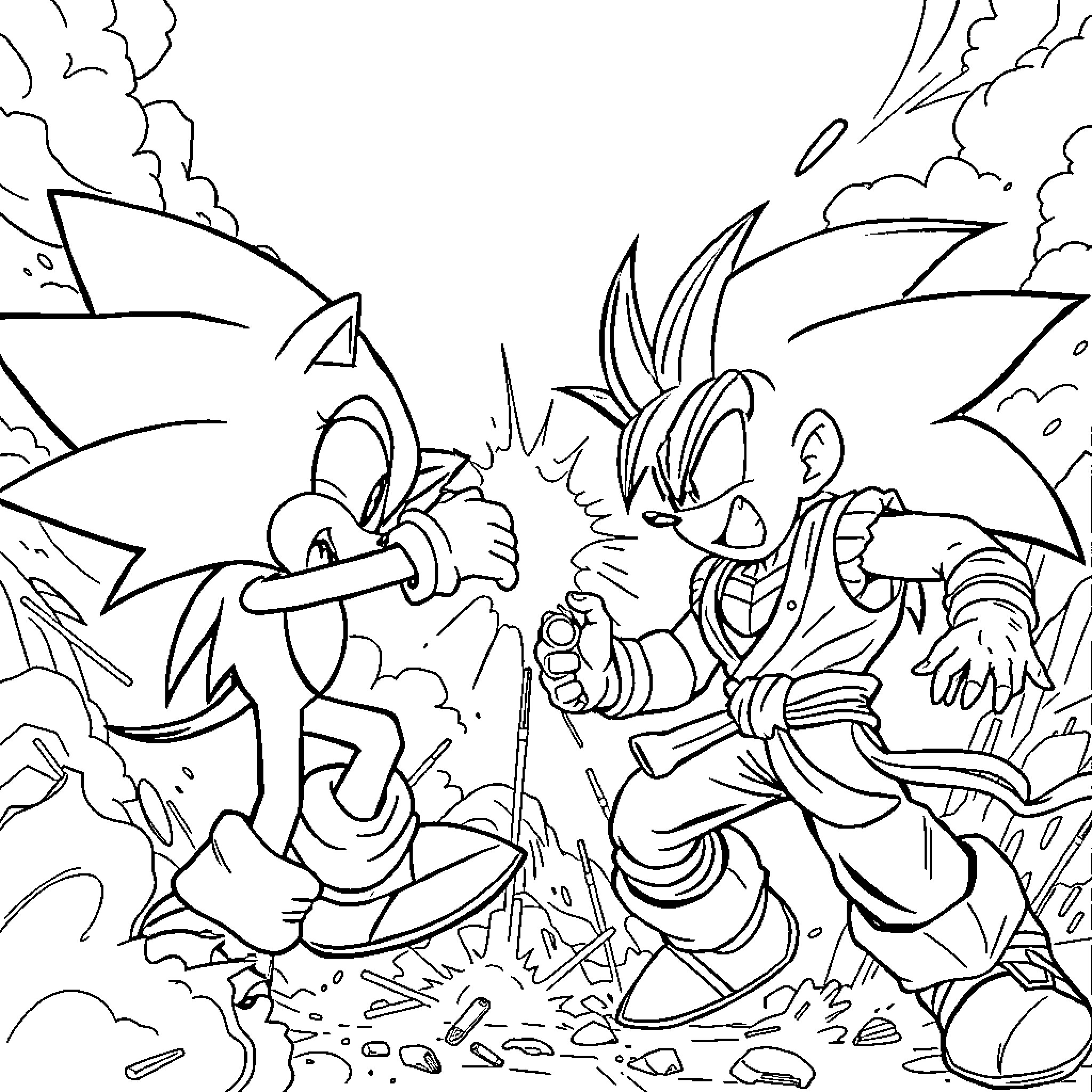 Sonic's Dramatic Showdown with Rival Coloring Page (free black-and-white line drawing printable PDF for all, from beginners to advanced learners, including children, teens, adults, and seniors)