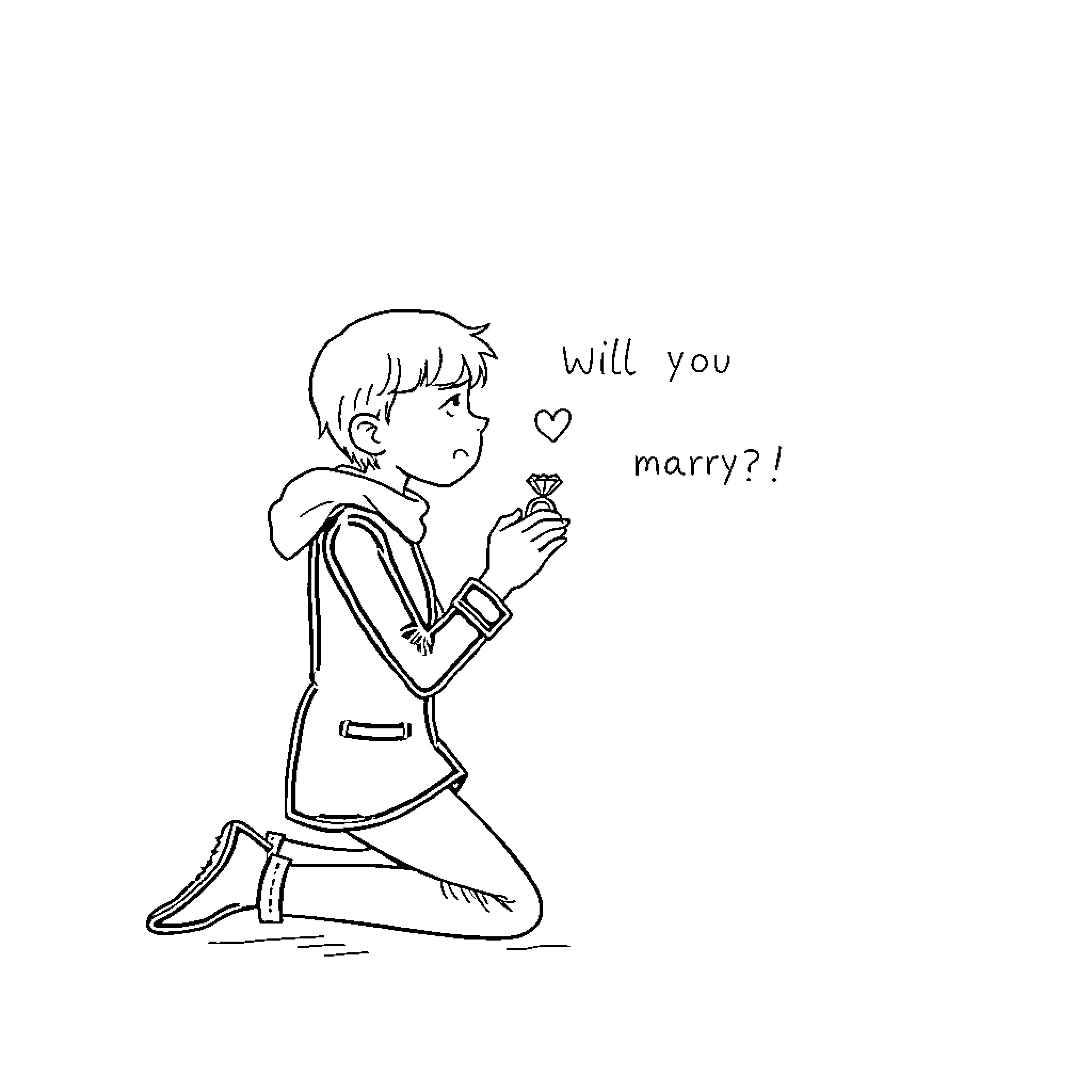 Marriage Proposal on Bended Knee Coloring Page (free black-and-white line drawing printable PDF for all, from beginners to advanced learners, including children, teens, adults, and seniors)