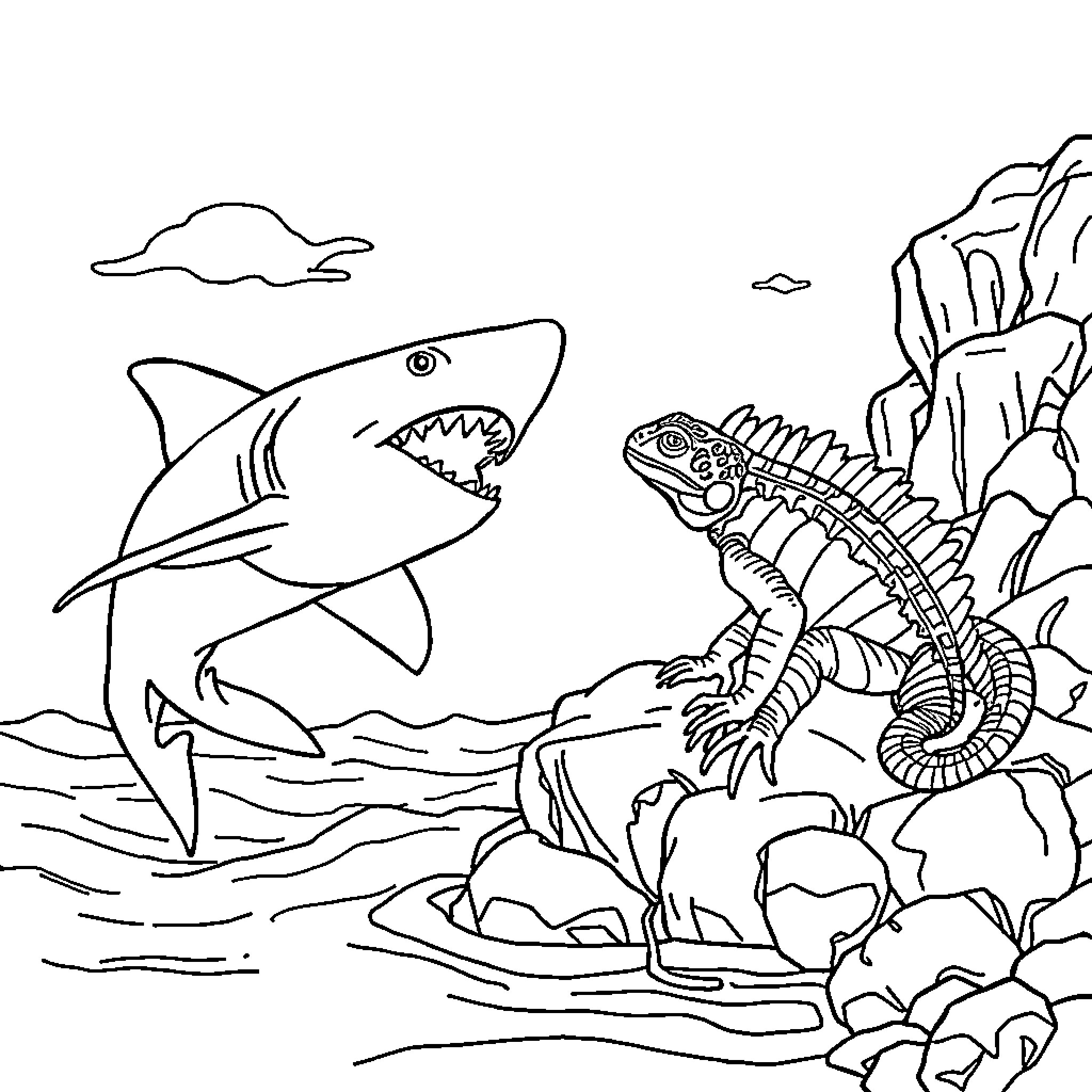 Shark and lizard creatures swimming in the ocean Coloring Page (free black-and-white line drawing printable PDF for all, from beginners to advanced learners, including children, teens, adults, and seniors)