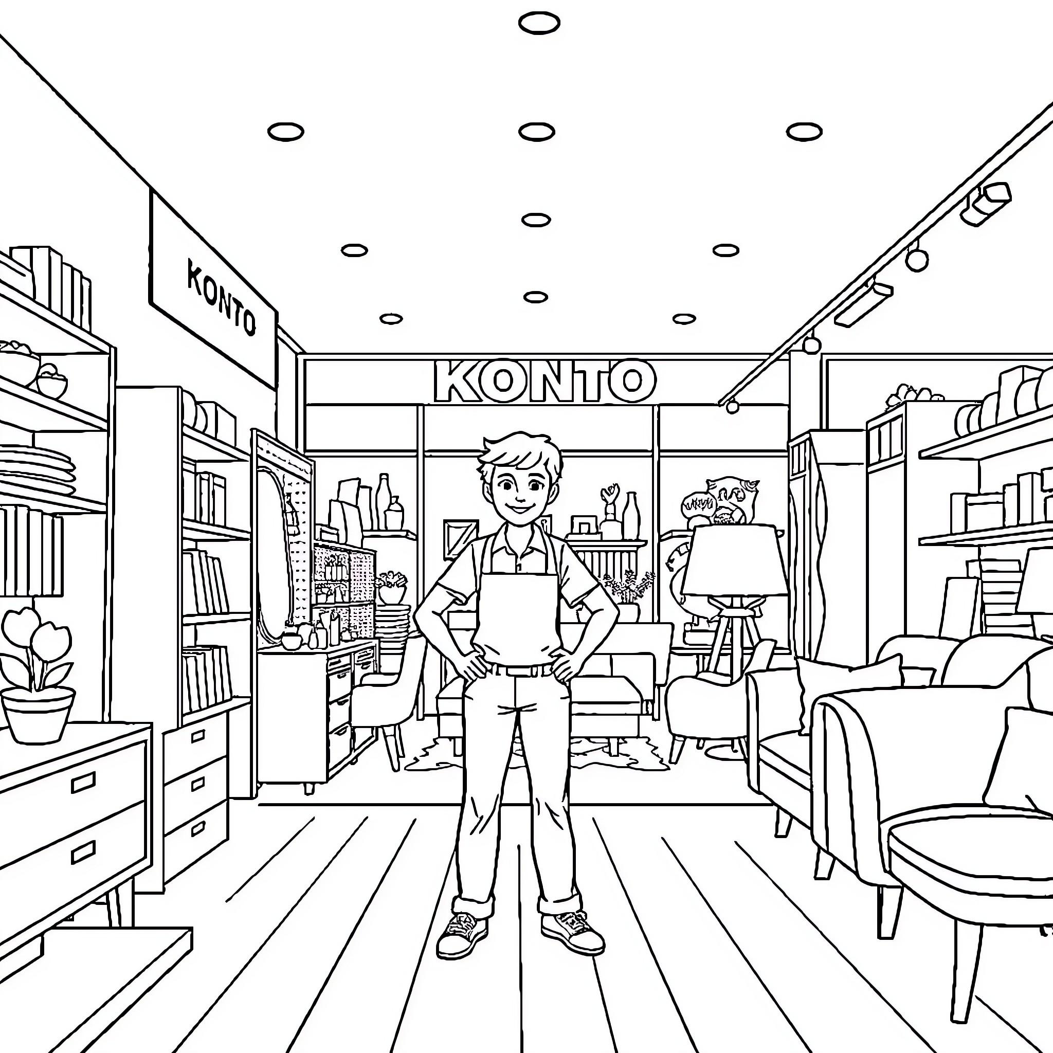 Salesperson posing confidently in a retail store Coloring Page (free black-and-white line drawing printable PDF for all, from beginners to advanced learners, including children, teens, adults, and seniors)