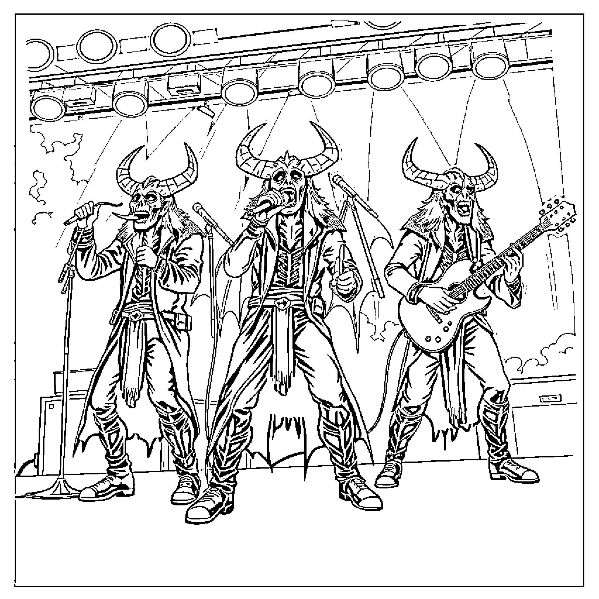 Demon Hunter Metal Band Performing on Stage Coloring Page (free black-and-white line drawing printable PDF for all, from beginners to advanced learners, including children, teens, adults, and seniors)