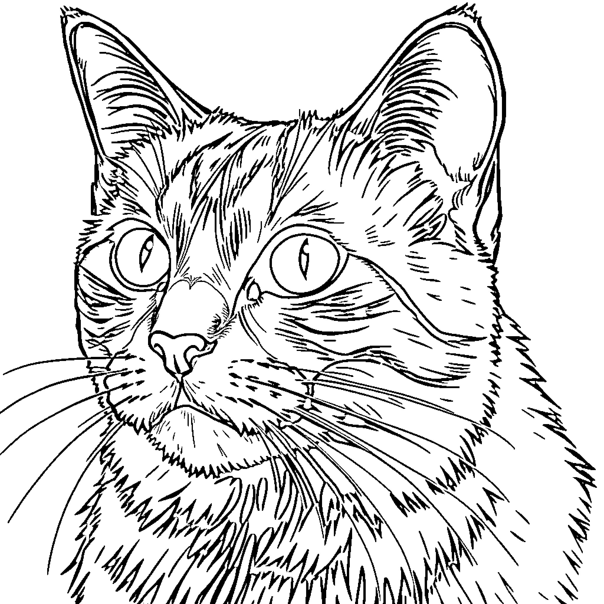 Cat's Eye Gaze of Intrigue Coloring Page (free black-and-white line drawing printable PDF for all, from beginners to advanced learners, including children, teens, adults, and seniors)