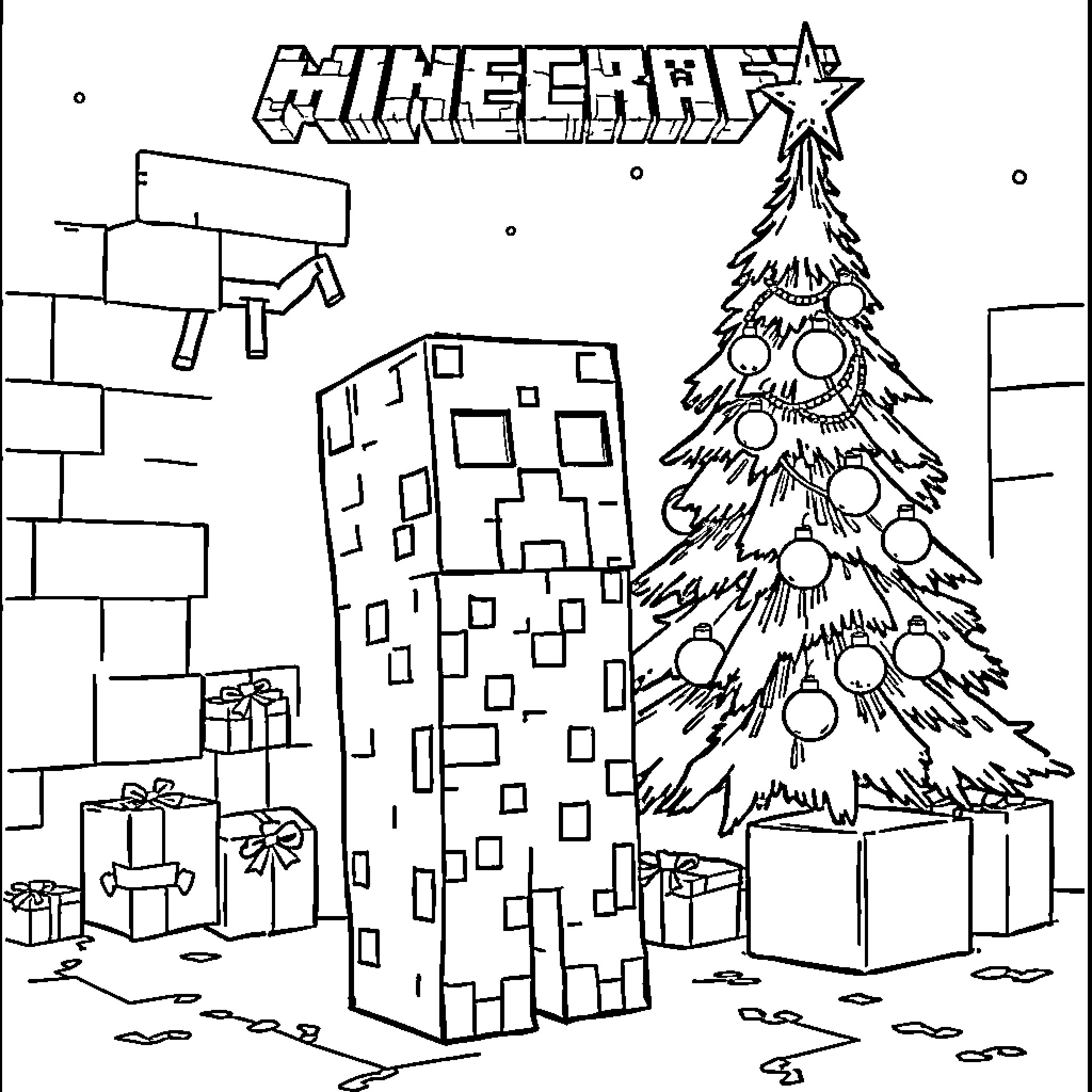 Creeper decorating Minecraft Christmas scene Coloring Page (free black-and-white line drawing printable PDF for all, from beginners to advanced learners, including children, teens, adults, and seniors)