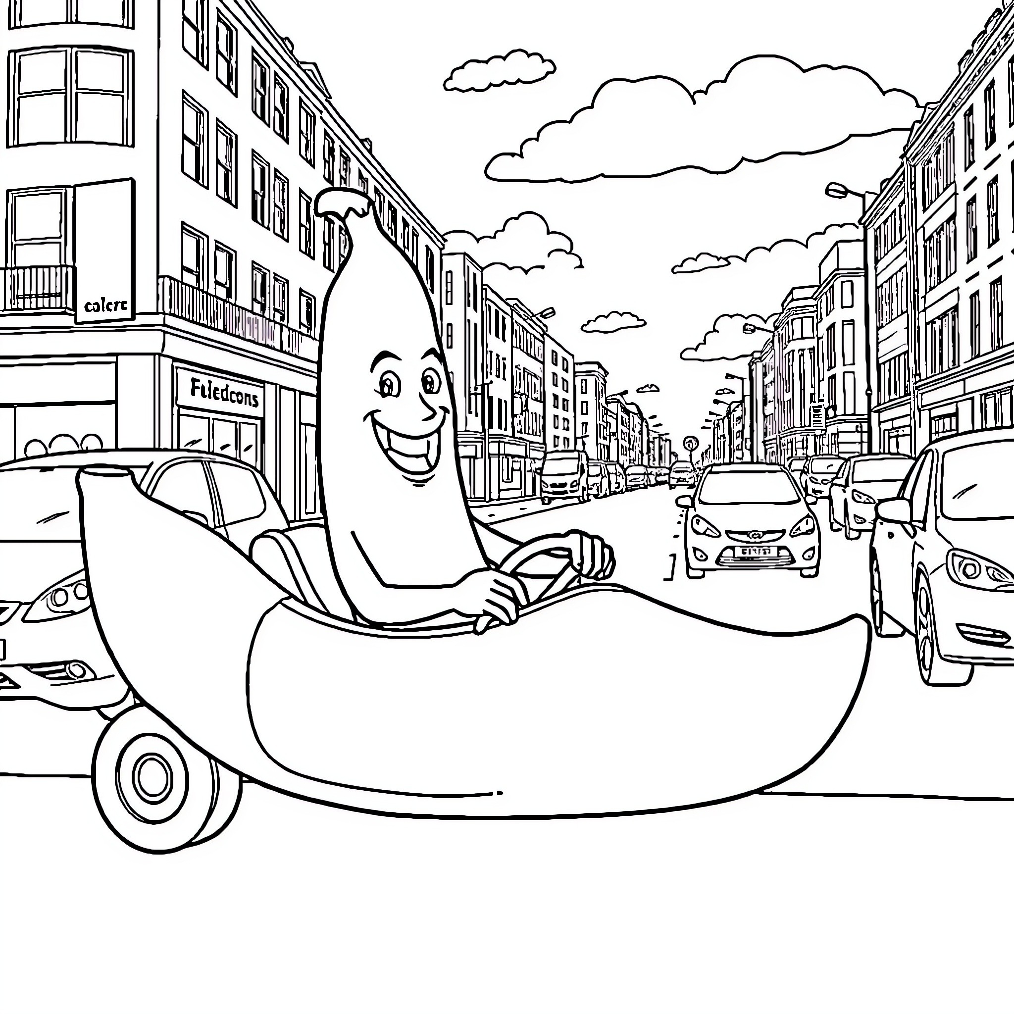 Banana riding happily in a car on the city street Coloring Page (free black-and-white line drawing printable PDF for all, from beginners to advanced learners, including children, teens, adults, and seniors)
