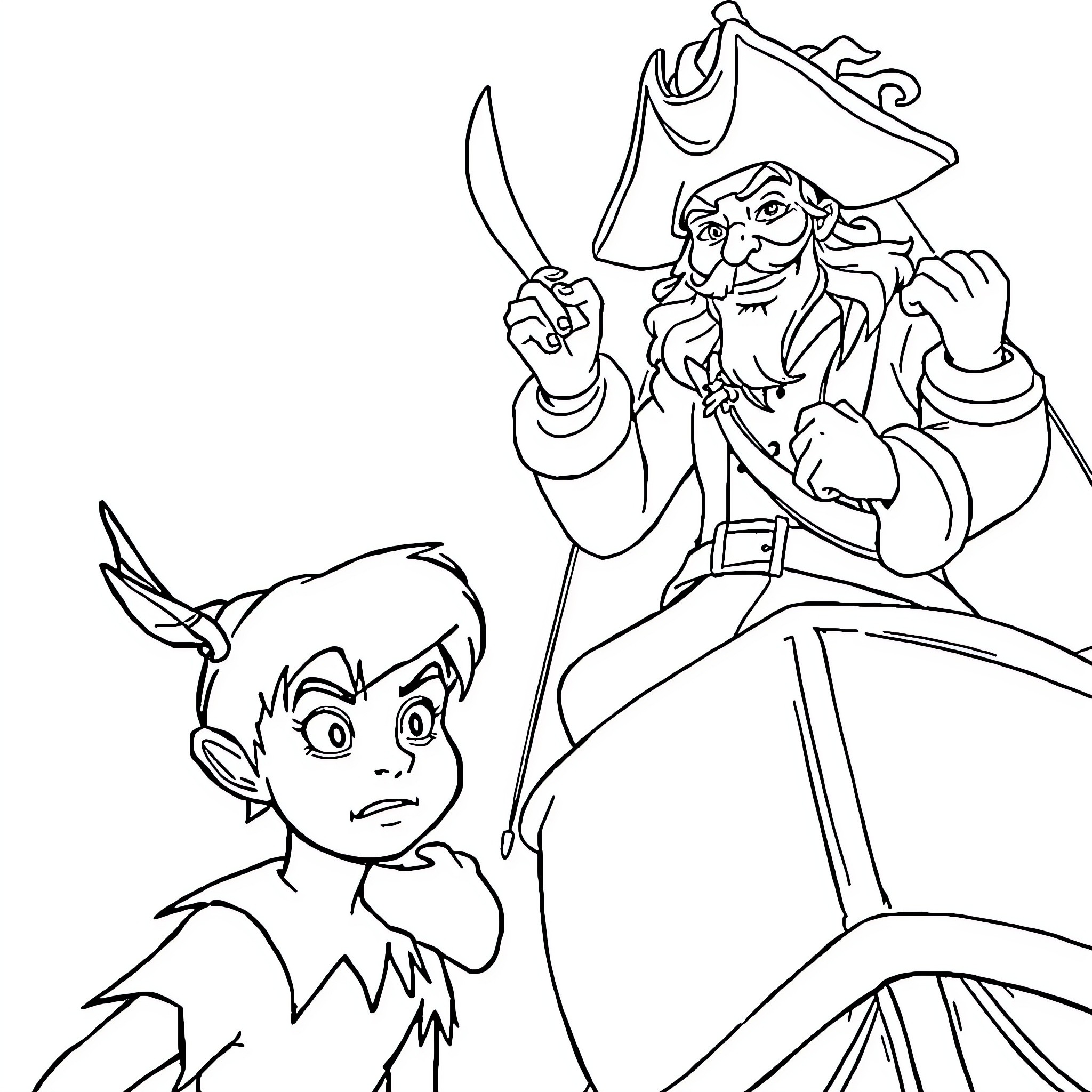 Peter Pan and Captain Hook in an epic confrontation Coloring Page (free black-and-white line drawing printable PDF for all, from beginners to advanced learners, including children, teens, adults, and seniors)