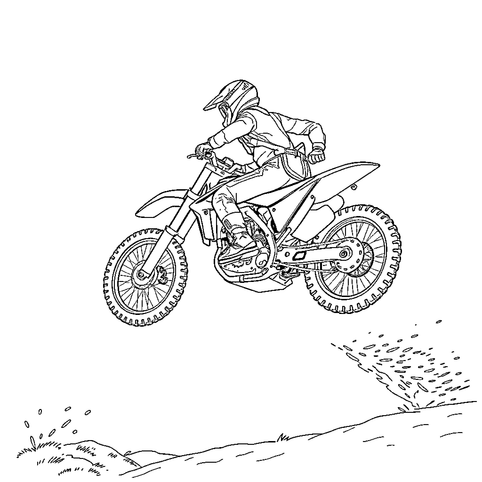 VTT Motorcyclist performing stunt jump Coloring Page (free black-and-white line drawing printable PDF for all, from beginners to advanced learners, including children, teens, adults, and seniors)