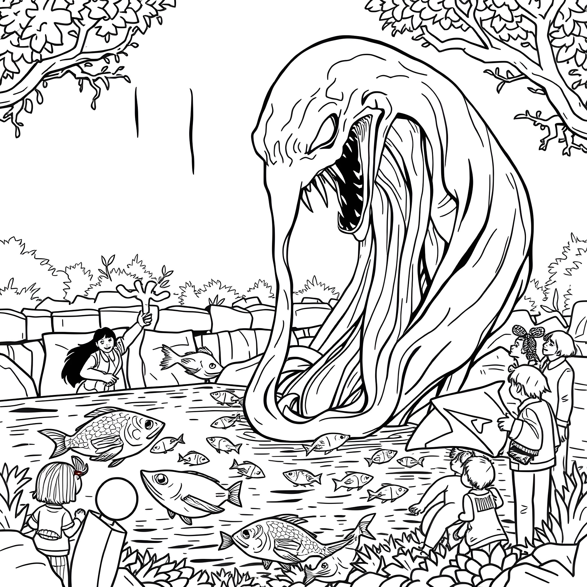 Slime Monster Terrorizing Peaceful Fishing Spot Coloring Page (free black-and-white line drawing printable PDF for all, from beginners to advanced learners, including children, teens, adults, and seniors)
