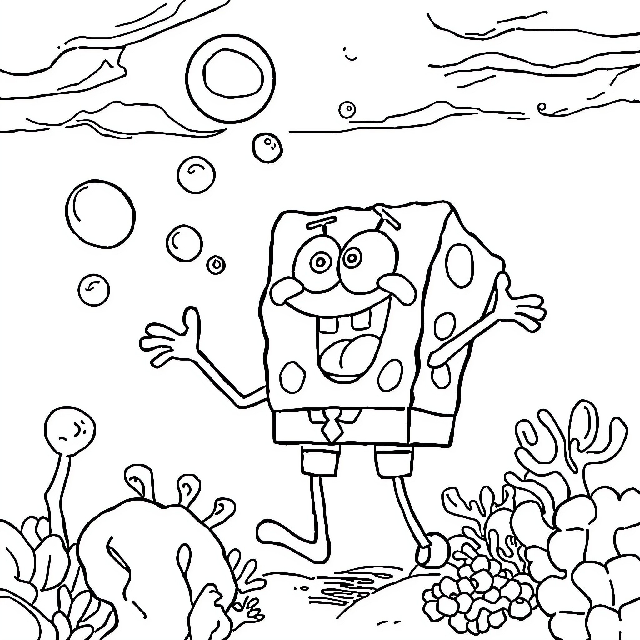 Spongebob having fun underwater Coloring Page (free black-and-white line drawing printable PDF for all, from beginners to advanced learners, including children, teens, adults, and seniors)