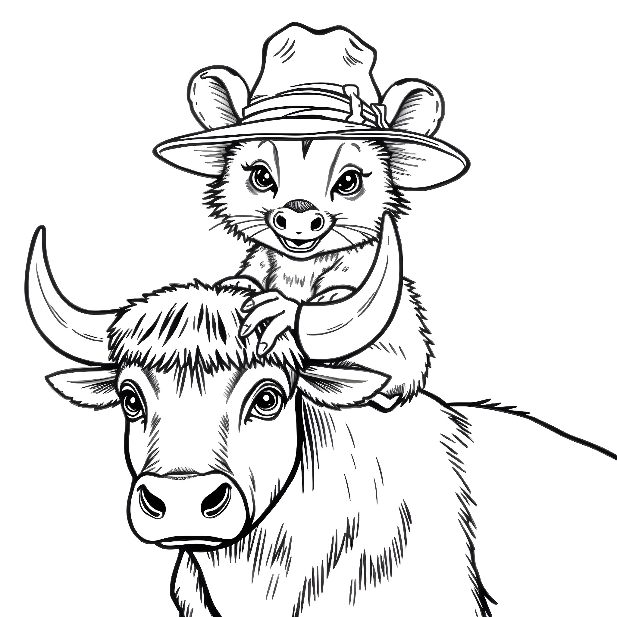 Opossum riding a cow in a cowboy hat Coloring Page (free black-and-white line drawing printable PDF for all, from beginners to advanced learners, including children, teens, adults, and seniors)