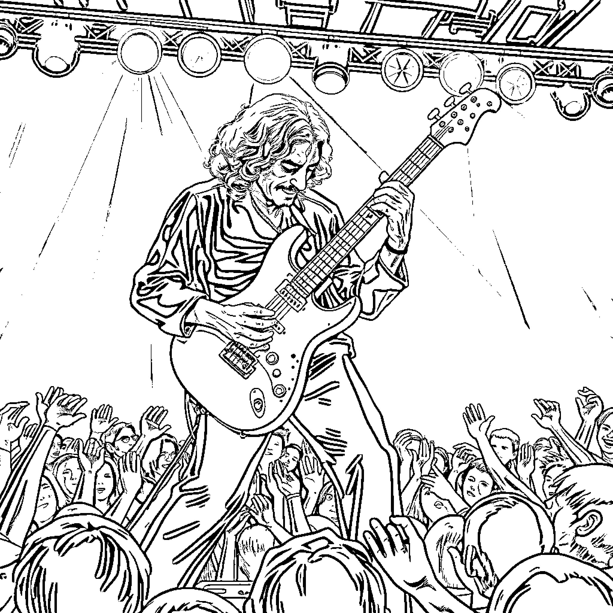 Frank Zappa performing on stage with electric guitar Coloring Page (free black-and-white line drawing printable PDF for all, from beginners to advanced learners, including children, teens, adults, and seniors)