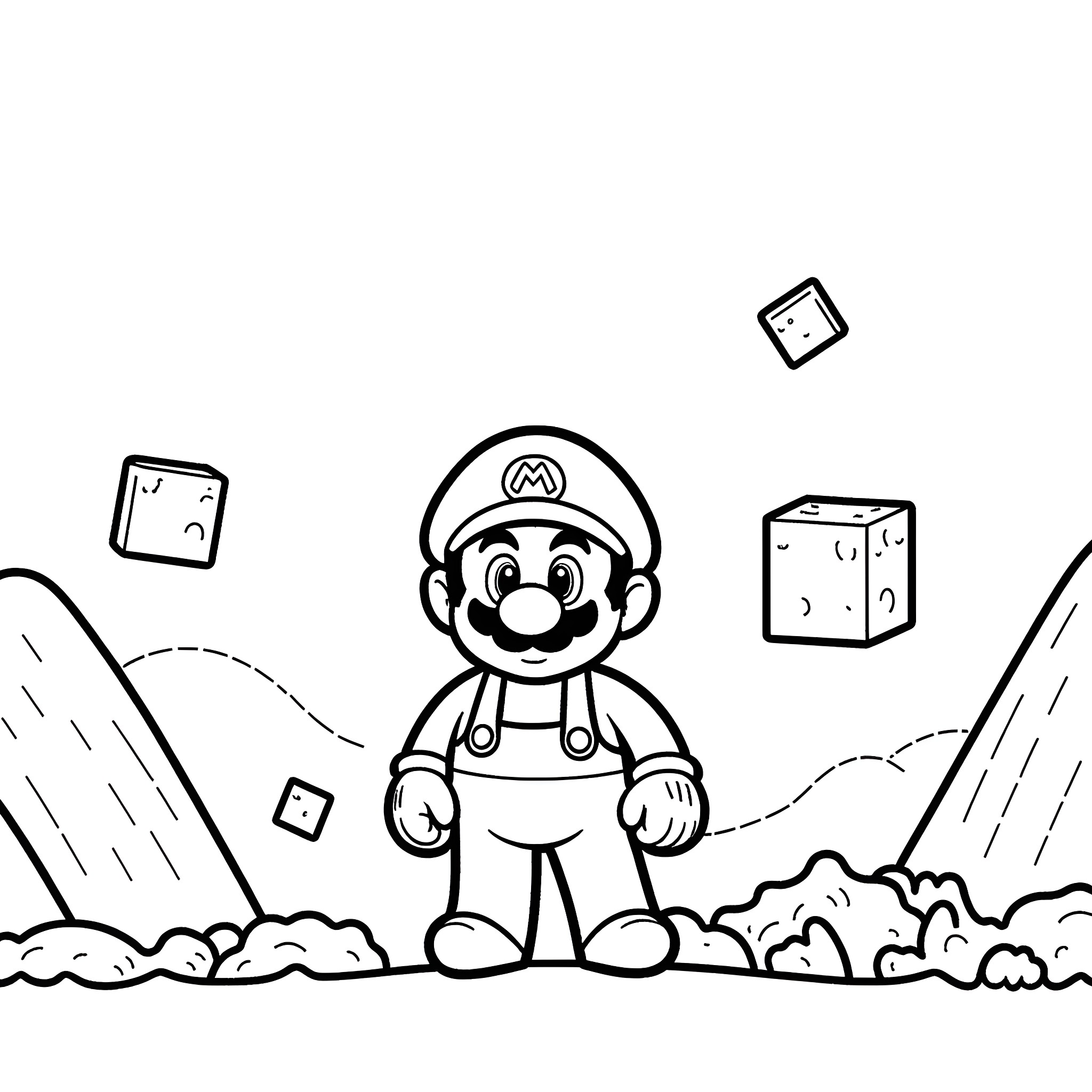 Mario adventures in the gaming world Coloring Page (free black-and-white line drawing printable PDF for all, from beginners to advanced learners, including children, teens, adults, and seniors)