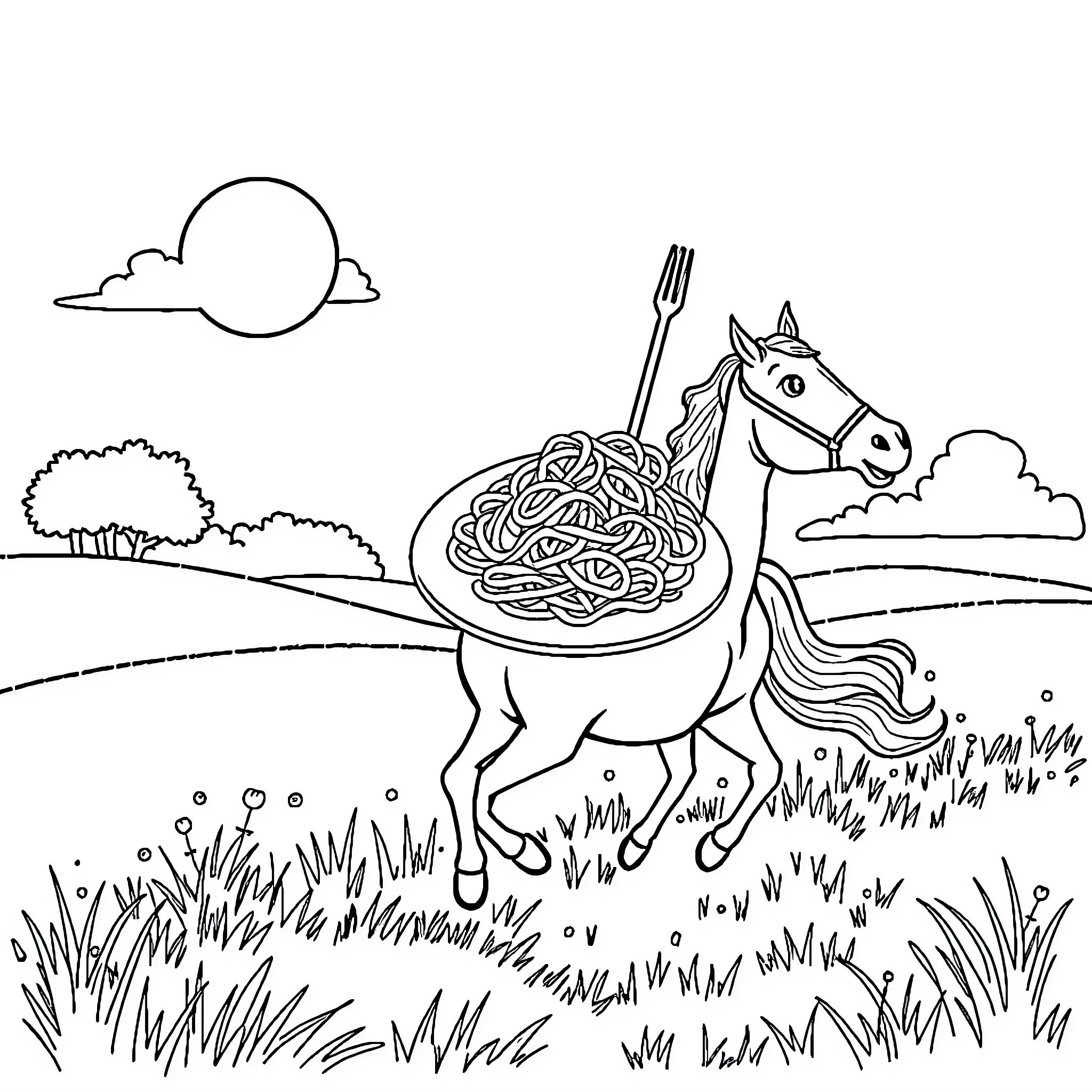 Pasta Horse Serving Spaghetti in the Countryside Coloring Page (free black-and-white line drawing printable PDF for all, from beginners to advanced learners, including children, teens, adults, and seniors)