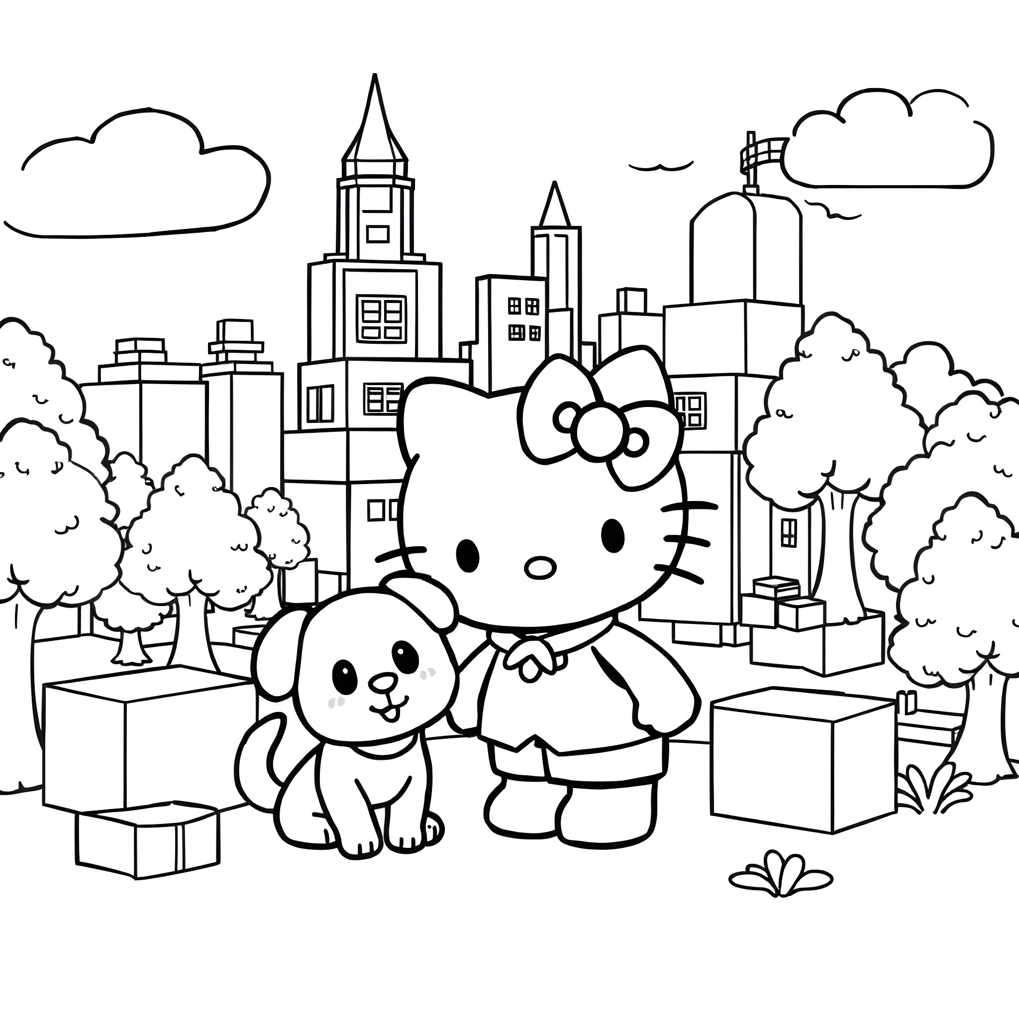 Hello Kitty and Puppy Exploring the City Coloring Page (free black-and-white line drawing printable PDF for all, from beginners to advanced learners, including children, teens, adults, and seniors)