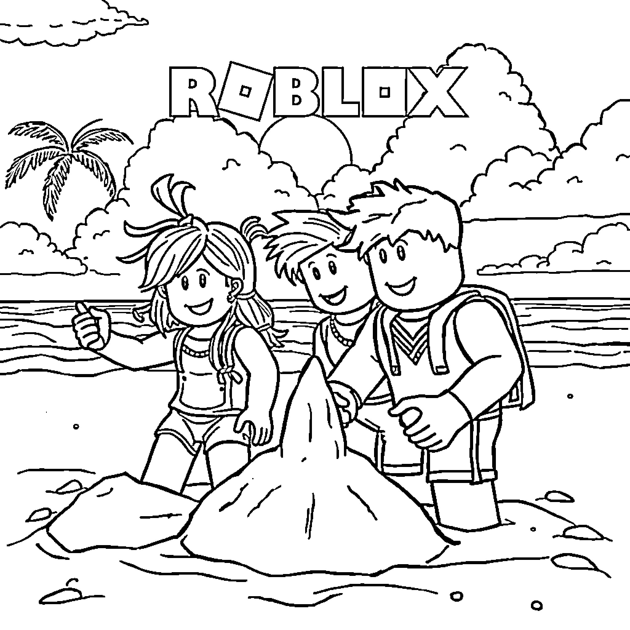 Roblox characters playing on the beach Coloring Page (free black-and-white line drawing printable PDF for all, from beginners to advanced learners, including children, teens, adults, and seniors)