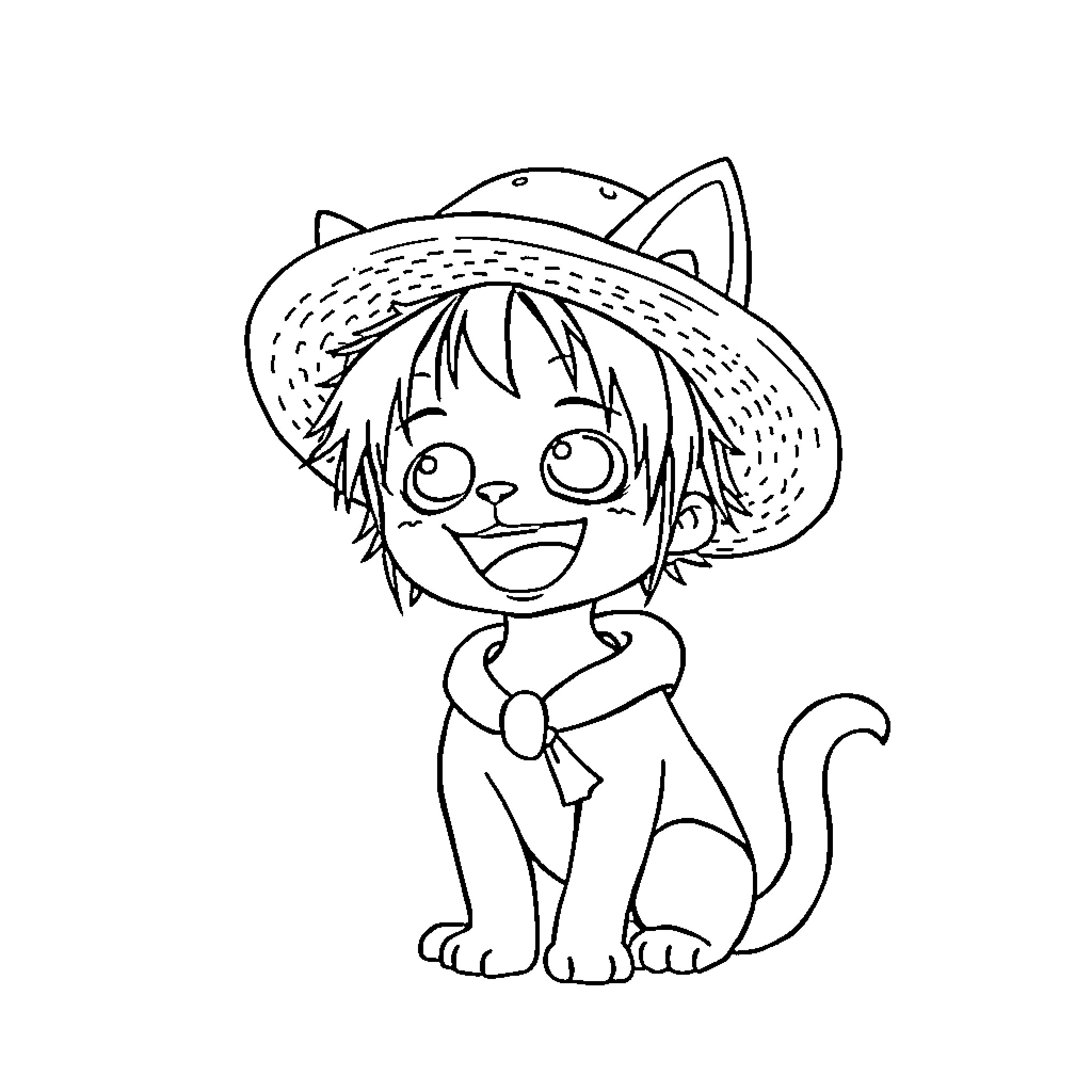 Kitten wearing a hat and smiling happily Coloring Page (free black-and-white line drawing printable PDF for all, from beginners to advanced learners, including children, teens, adults, and seniors)