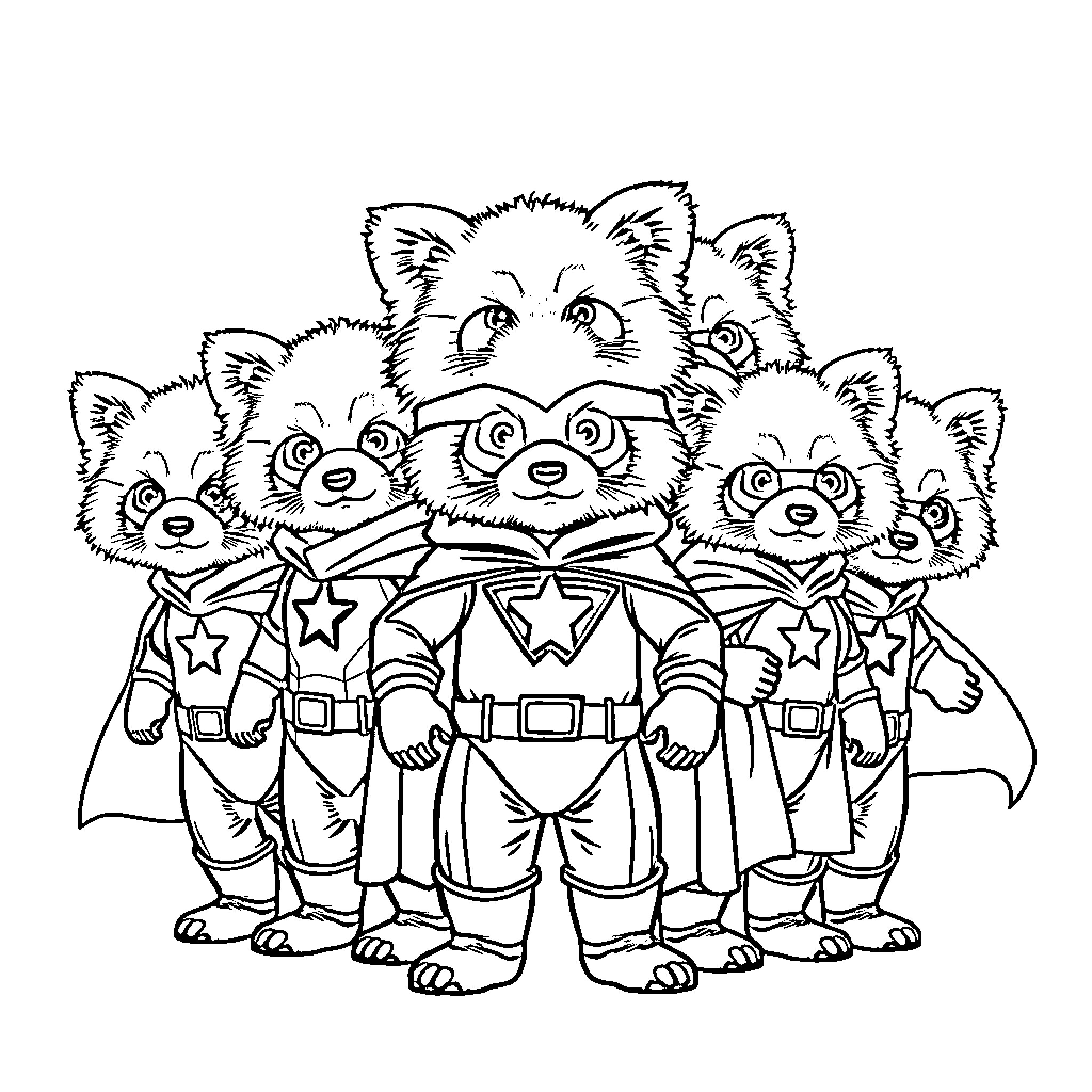 Red Panda Superheroes Assembled Coloring Page (free black-and-white line drawing printable PDF for all, from beginners to advanced learners, including children, teens, adults, and seniors)