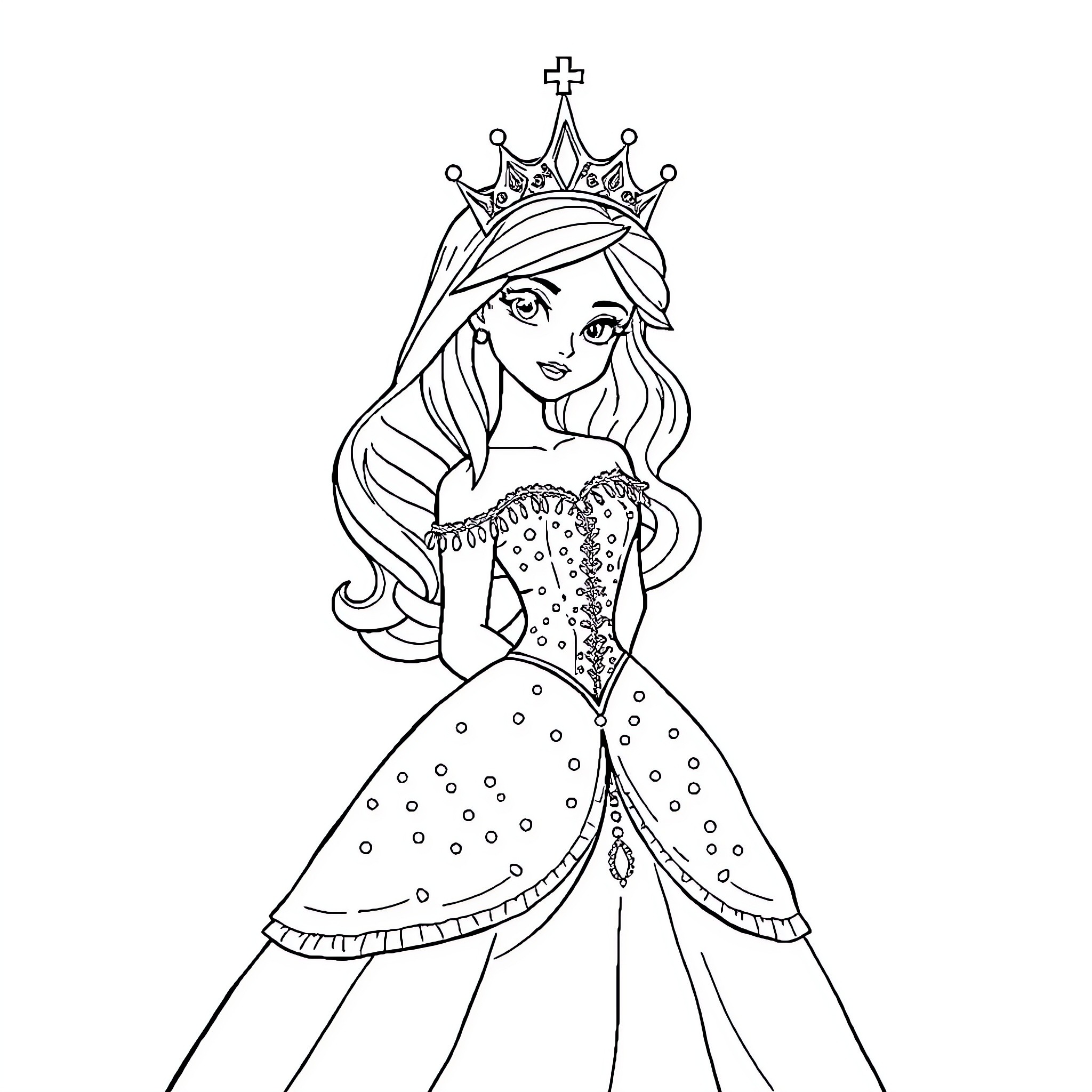 Princess in Elegant Gown and Crown Coloring Page (free black-and-white line drawing printable PDF for all, from beginners to advanced learners, including children, teens, adults, and seniors)