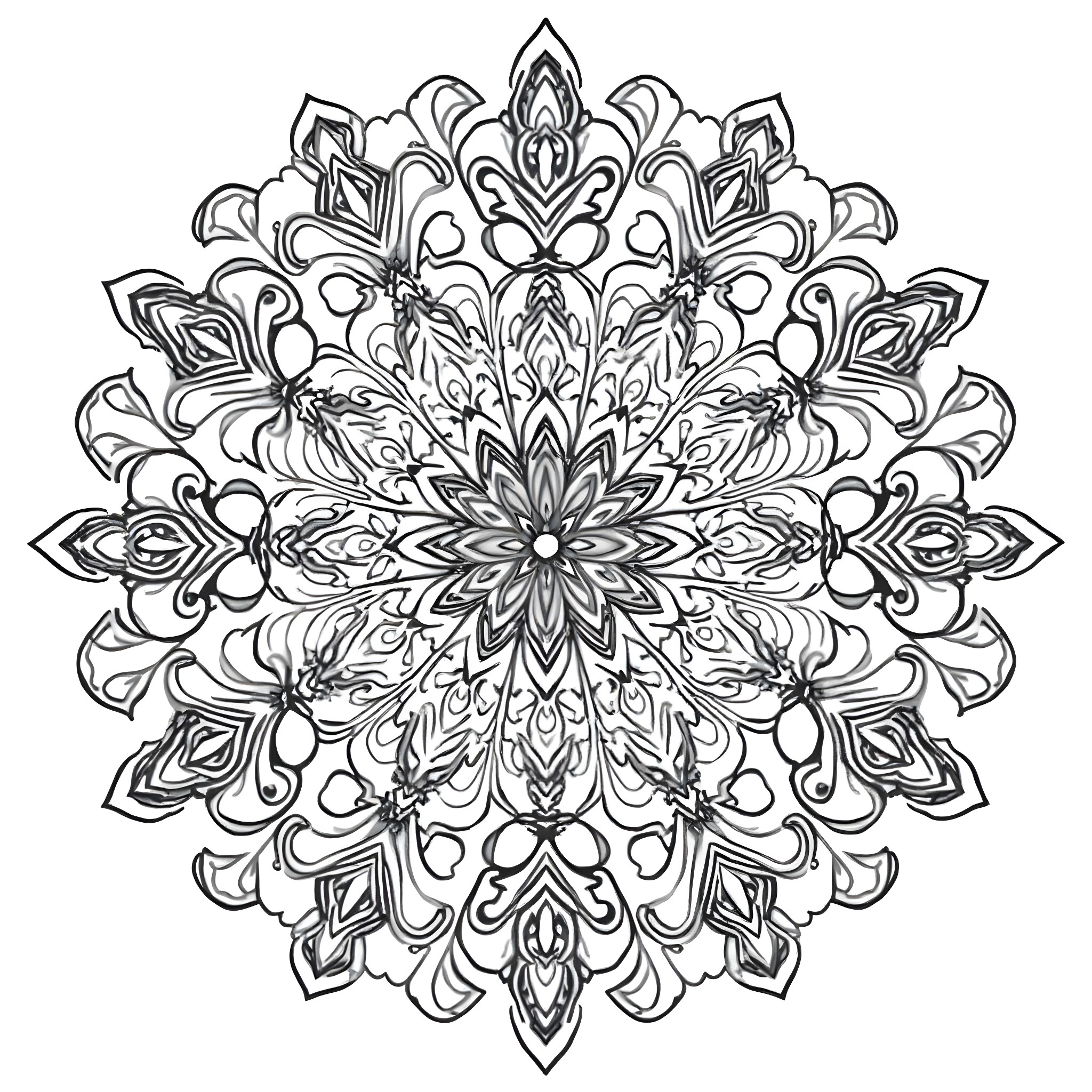 Mandala of intricate floral patterns and shapes Coloring Page (free black-and-white line drawing printable PDF for all, from beginners to advanced learners, including children, teens, adults, and seniors)