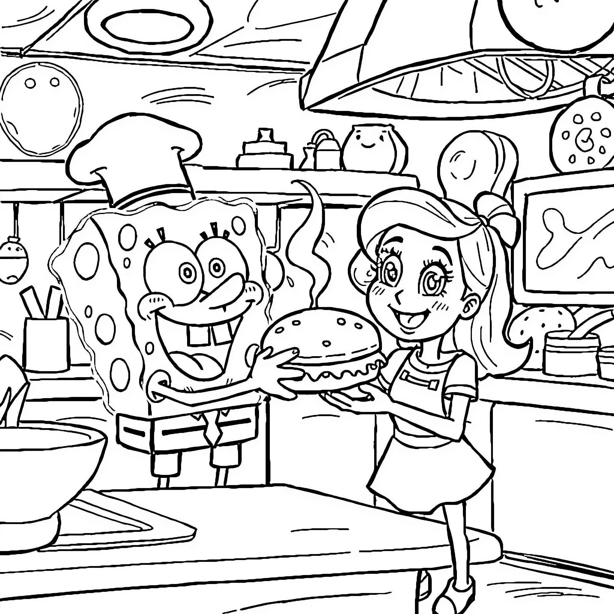 Spongebob and Friends Cooking in the Kitchen Coloring Page (free black-and-white line drawing printable PDF for all, from beginners to advanced learners, including children, teens, adults, and seniors)