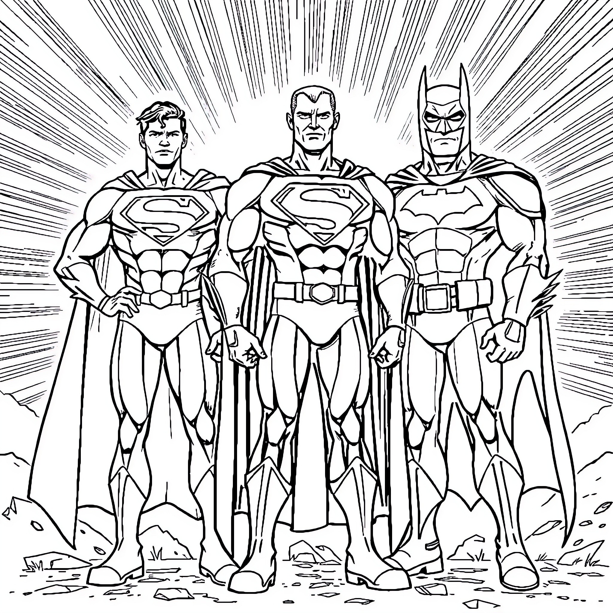 Goldorack's Heroic Trio: Superheroes in Action Coloring Page (free black-and-white line drawing printable PDF for all, from beginners to advanced learners, including children, teens, adults, and seniors)