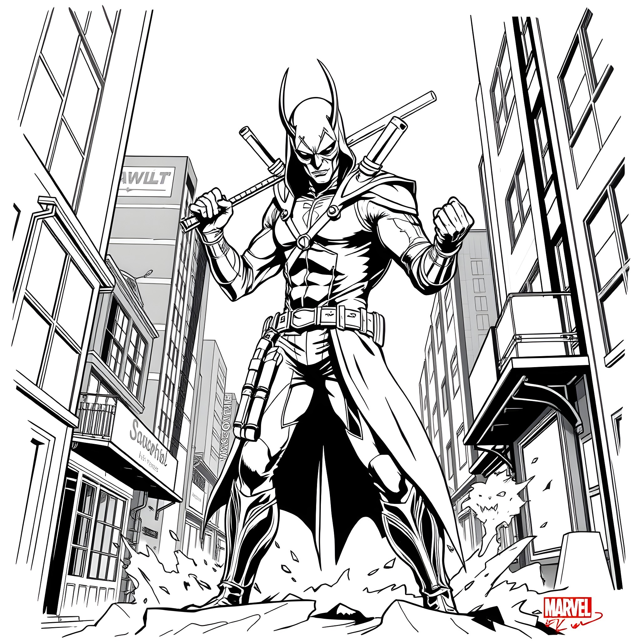 Death Devil Wages War in the City Streets Coloring Page (free black-and-white line drawing printable PDF for all, from beginners to advanced learners, including children, teens, adults, and seniors)